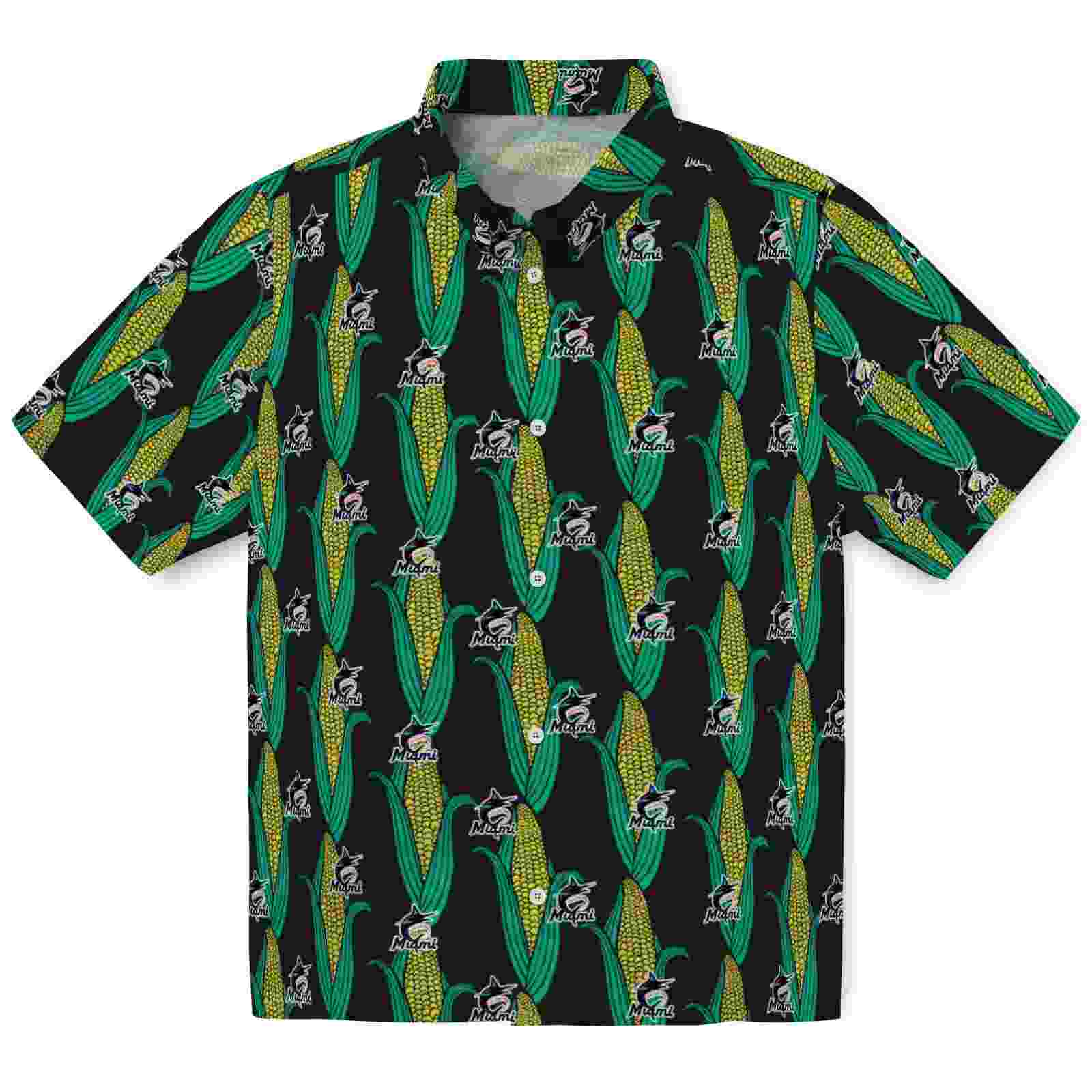 Miami Marlins Corn Motifs Black Green Hawaiian Shirt