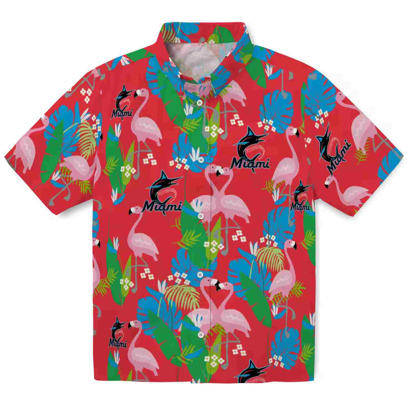 Miami Marlins Flamingo Foliage Blue Green Hawaiian Shirt