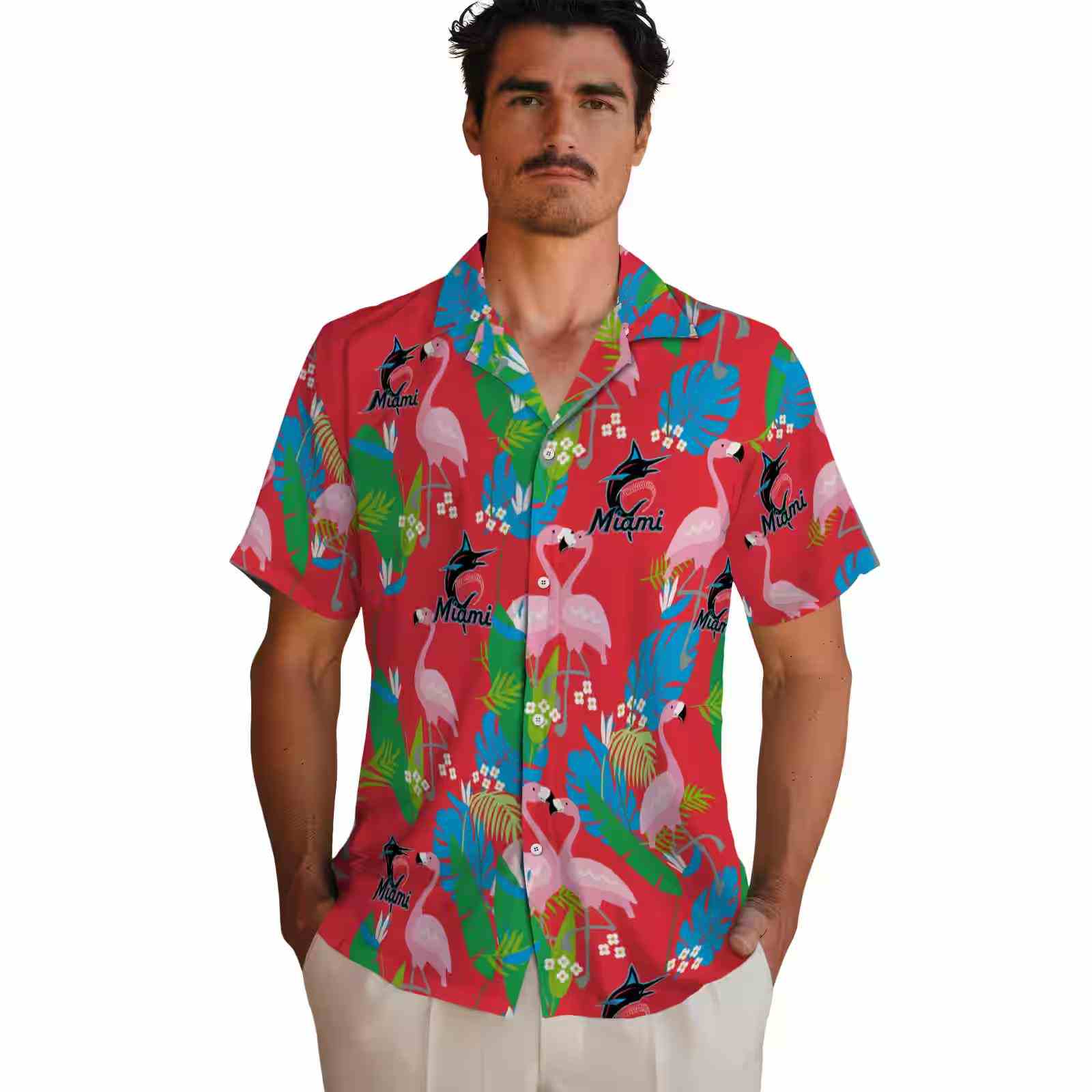 miami marlins flamingo foliage blue green hawaiian shirt fashion forward