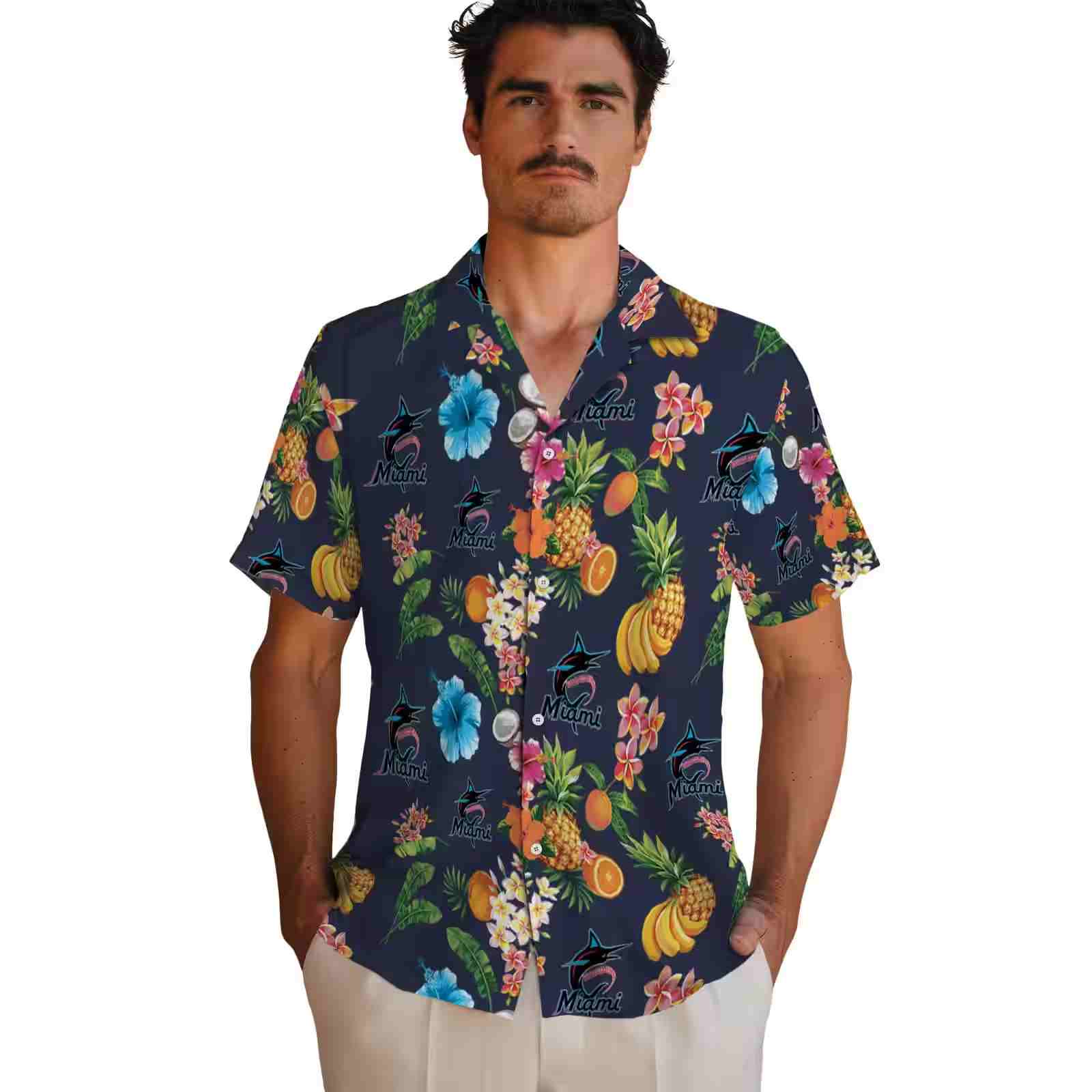 miami marlins hibiscus and fruit navy blue hawaiian shirt fashion forward