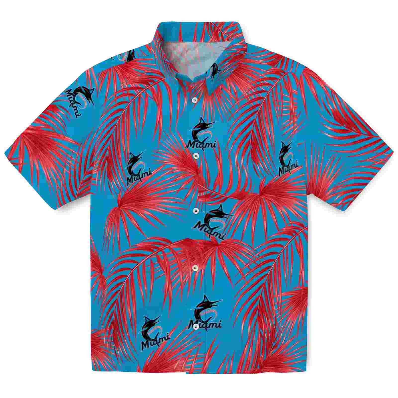 Miami Marlins Leafy Palms Blue Hawaiian Shirt