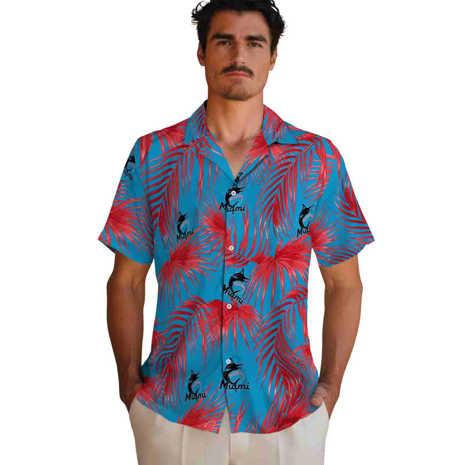 miami marlins leafy palms blue hawaiian shirt fashion forward