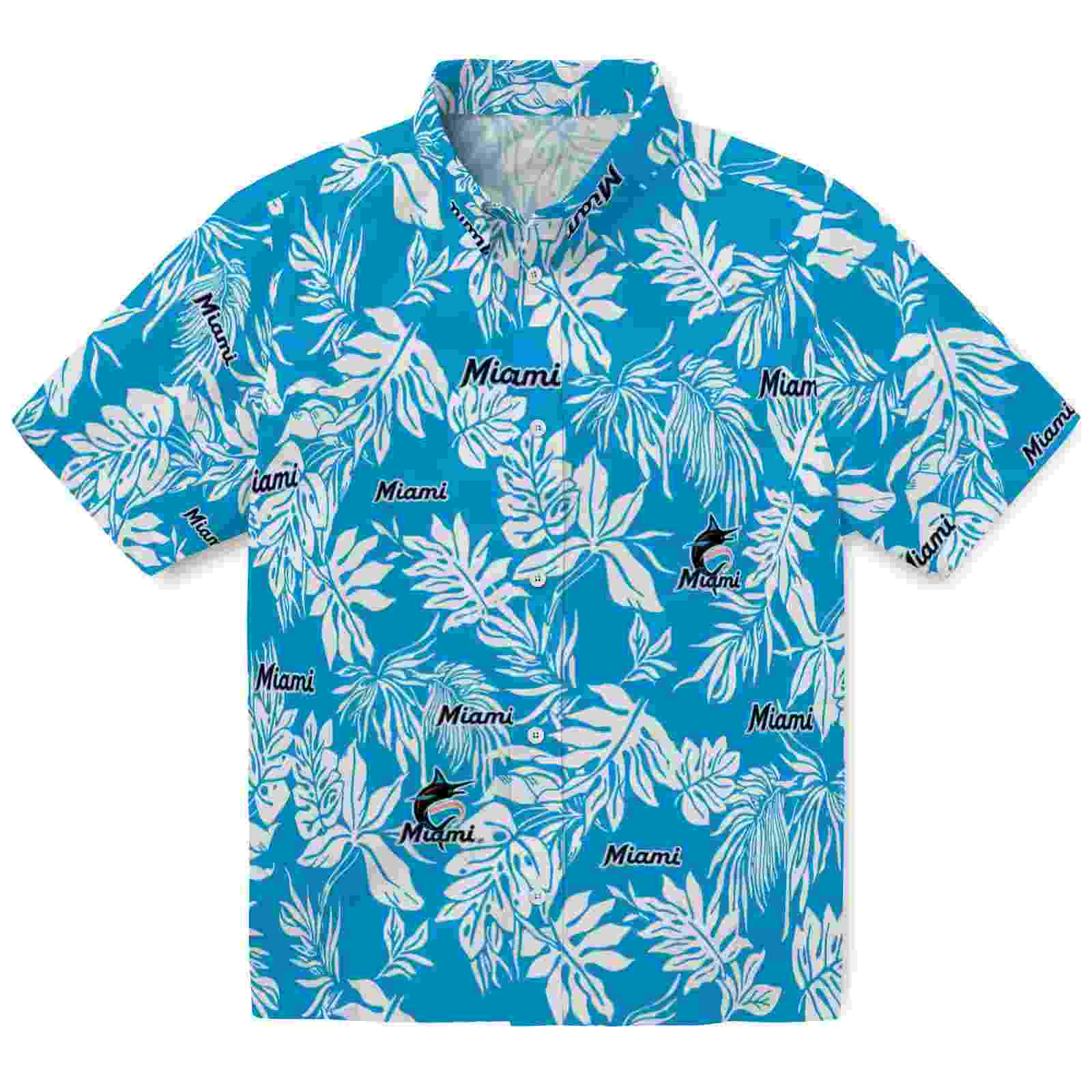 Miami Marlins Tropical Leaf Blue White Hawaiian Shirt