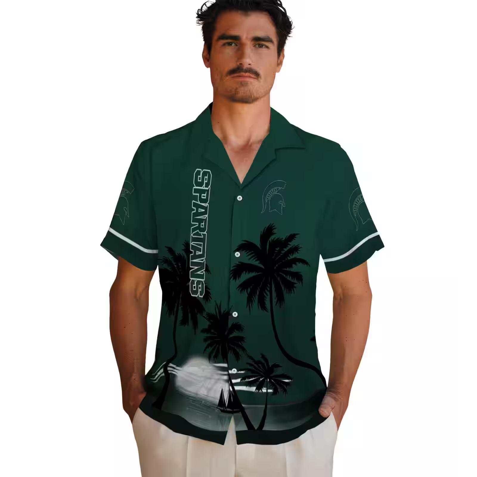 michigan state spartans beach sunset green black hawaiian shirt fashion forward