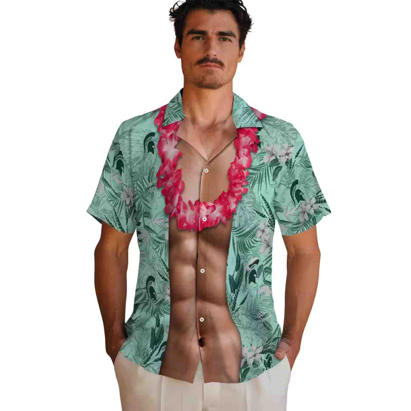 michigan state spartans chest illusion green hawaiian shirt fashion forward