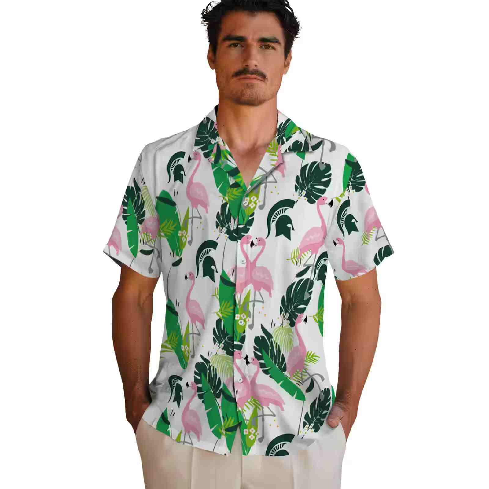 michigan state spartans flamingo foliage green hawaiian shirt fashion forward