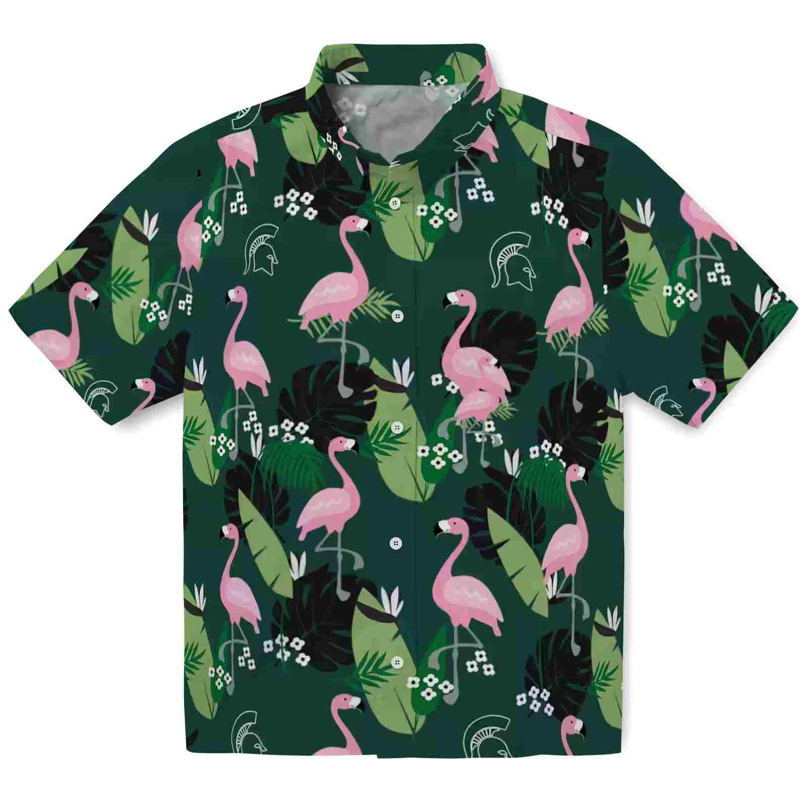 Michigan State Spartans Flamingo Leaf Motif Green Hawaiian Shirt