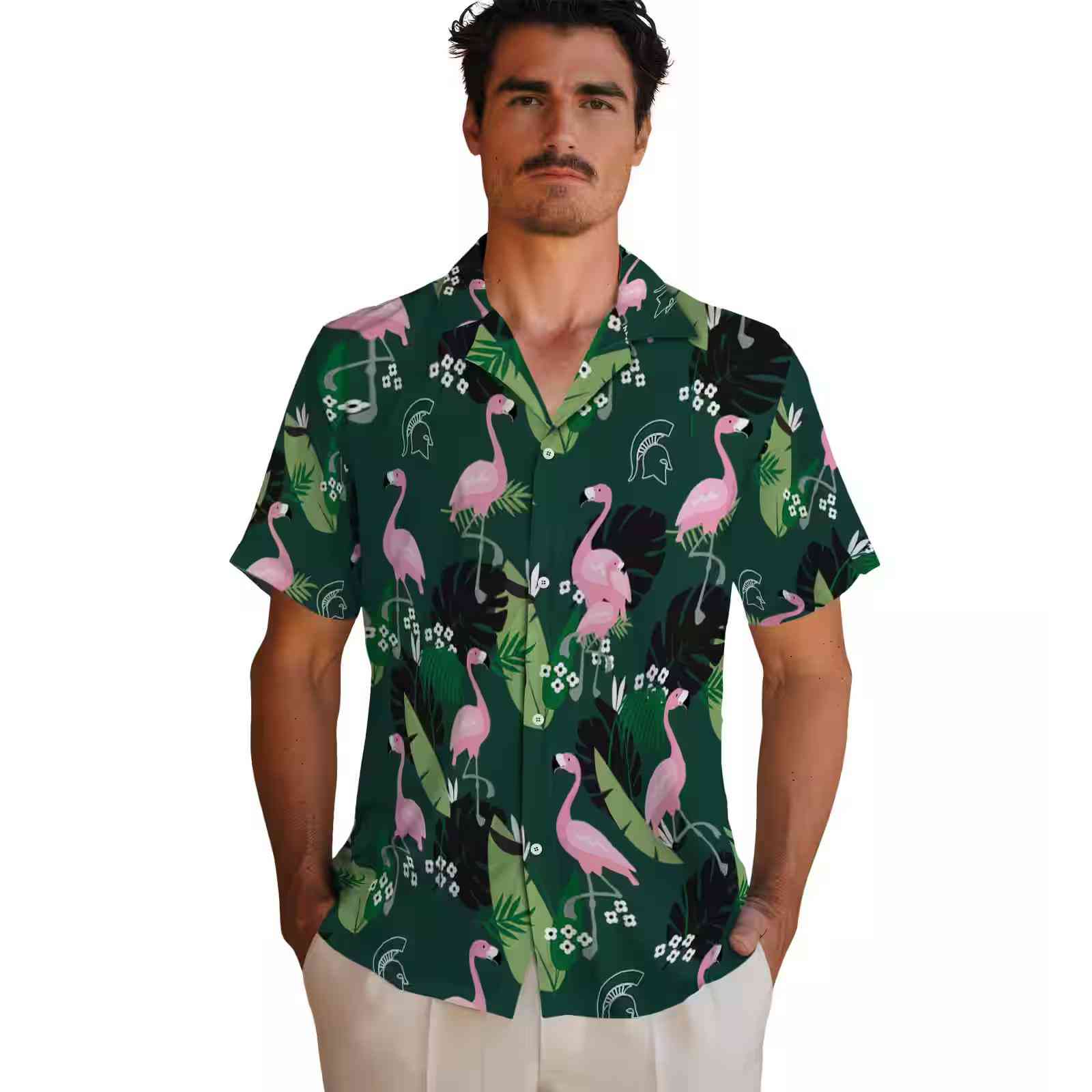 michigan state spartans flamingo leaf motif green hawaiian shirt fashion forward