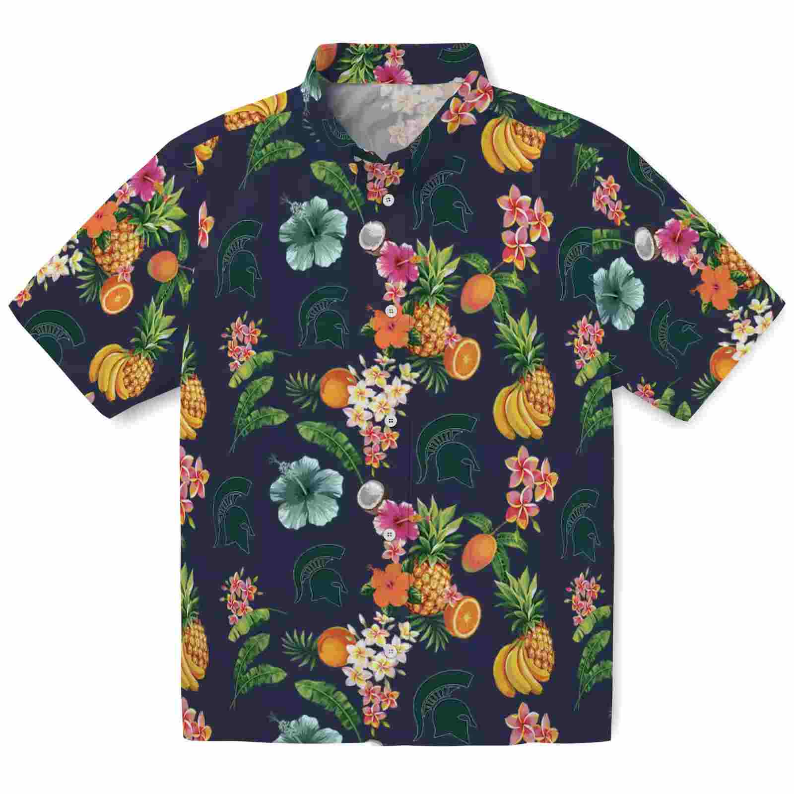 Michigan State Spartans Hibiscus And Fruit Navy Blue Hawaiian Shirt