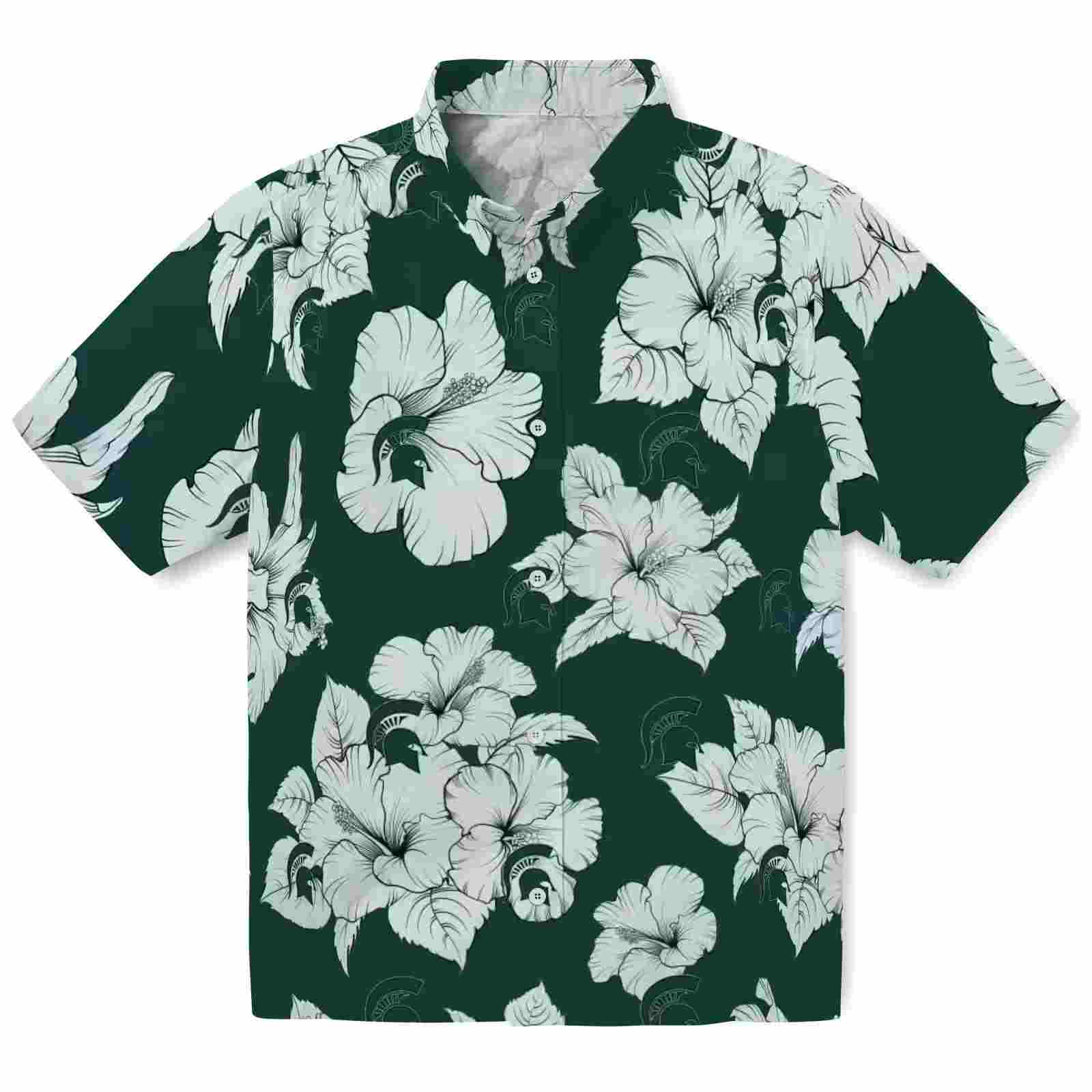 Michigan State Spartans Hibiscus Blooms Green White Hawaiian Shirt