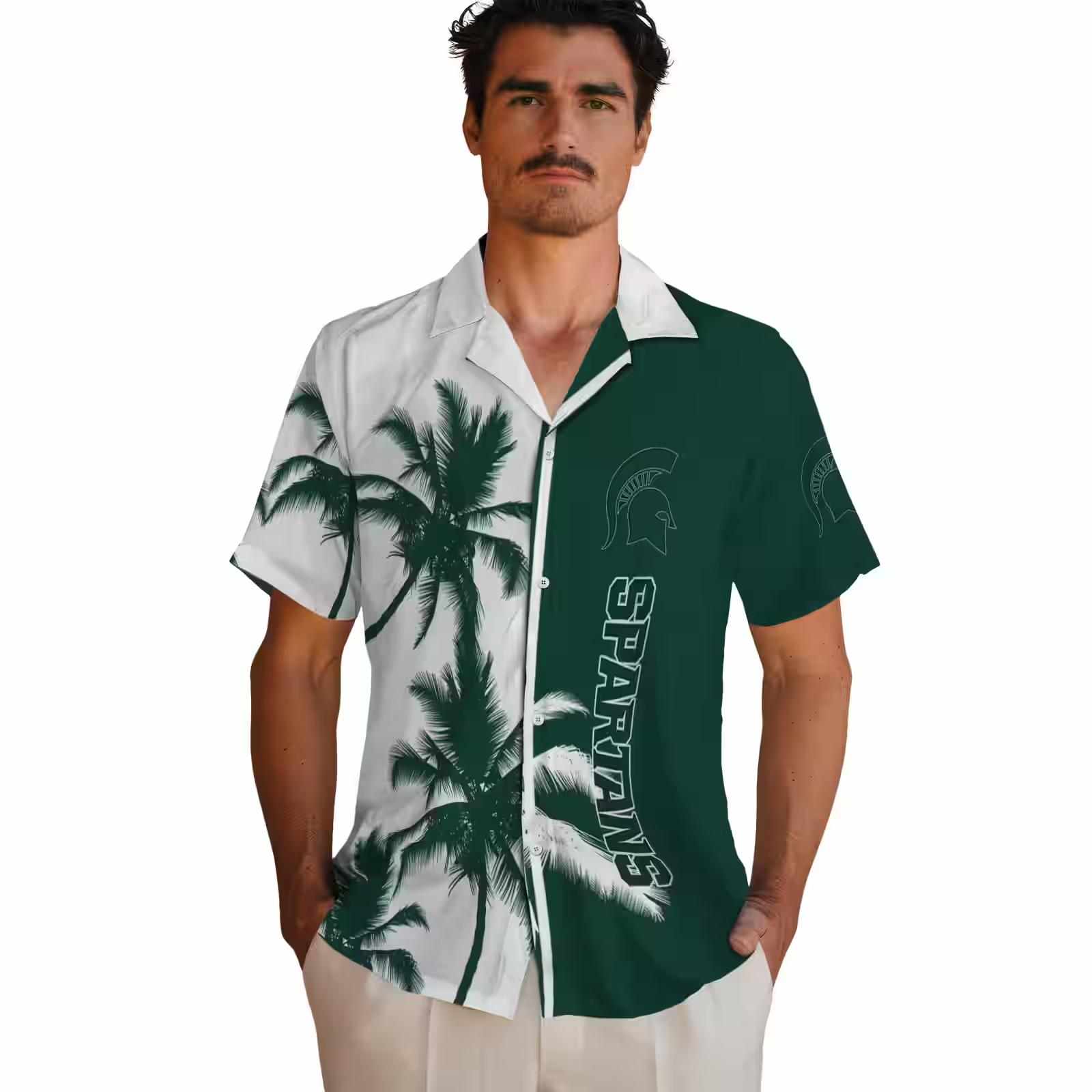 michigan state spartans palm trees green white hawaiian shirt fashion forward