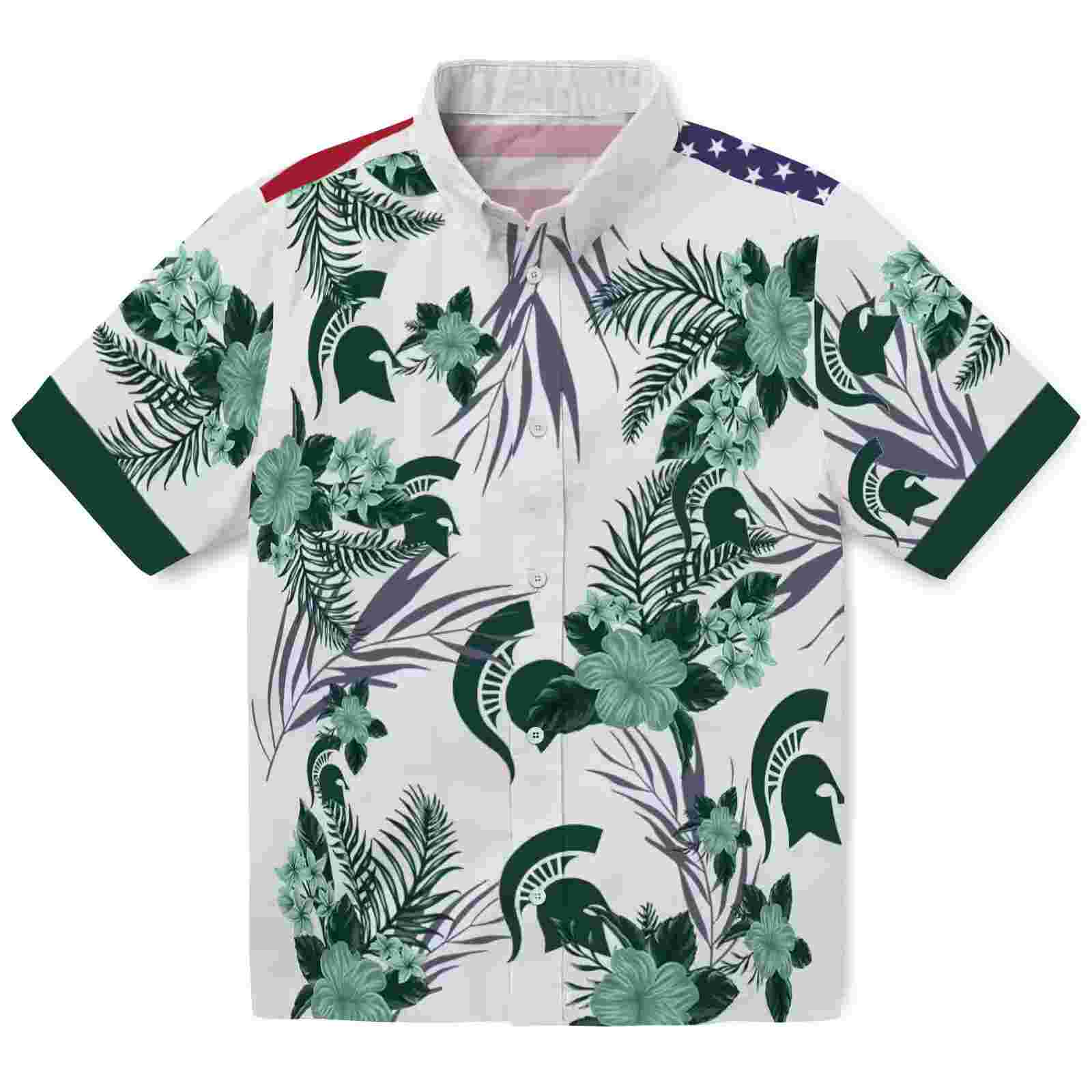 Michigan State Spartans Patriotic Hibiscus Design Green White Hawaiian Shirt