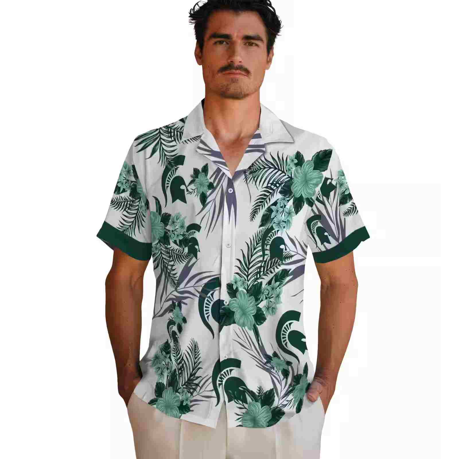 michigan state spartans patriotic hibiscus design green white hawaiian shirt fashion forward