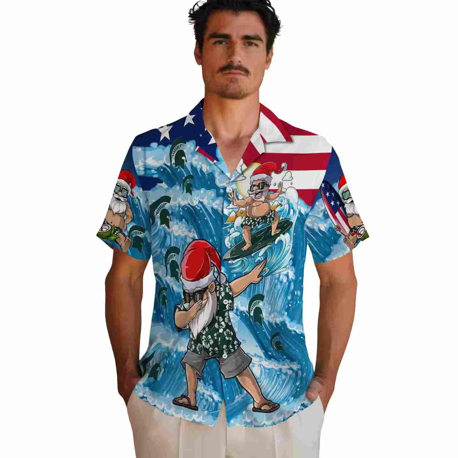 michigan state spartans surfing santa blue hawaiian shirt fashion forward