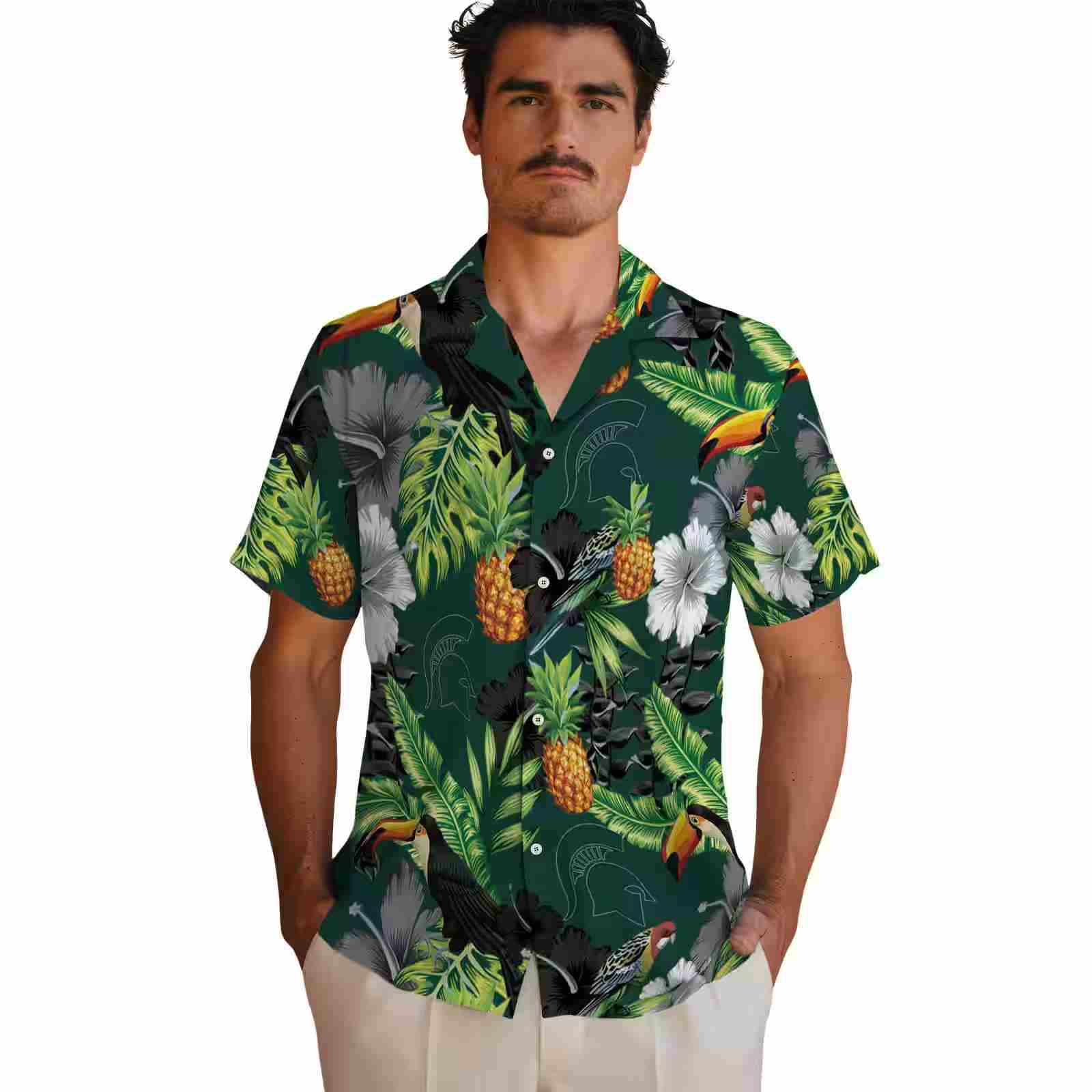 michigan state spartans toucan hibiscus pineapple green hawaiian shirt fashion forward