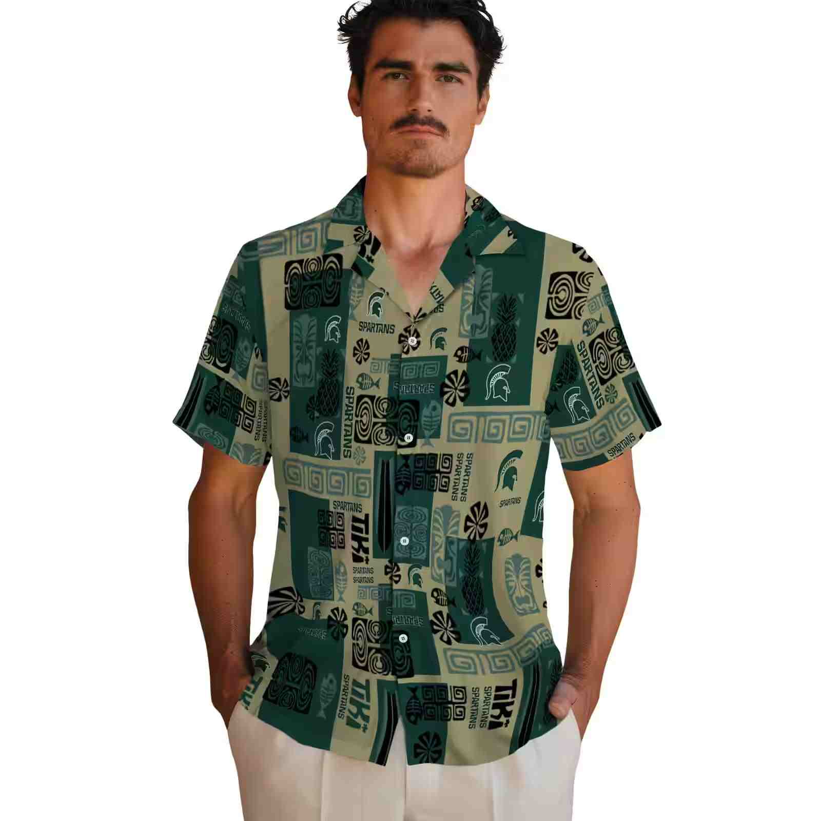 michigan state spartans tribal symbols green hawaiian shirt fashion forward