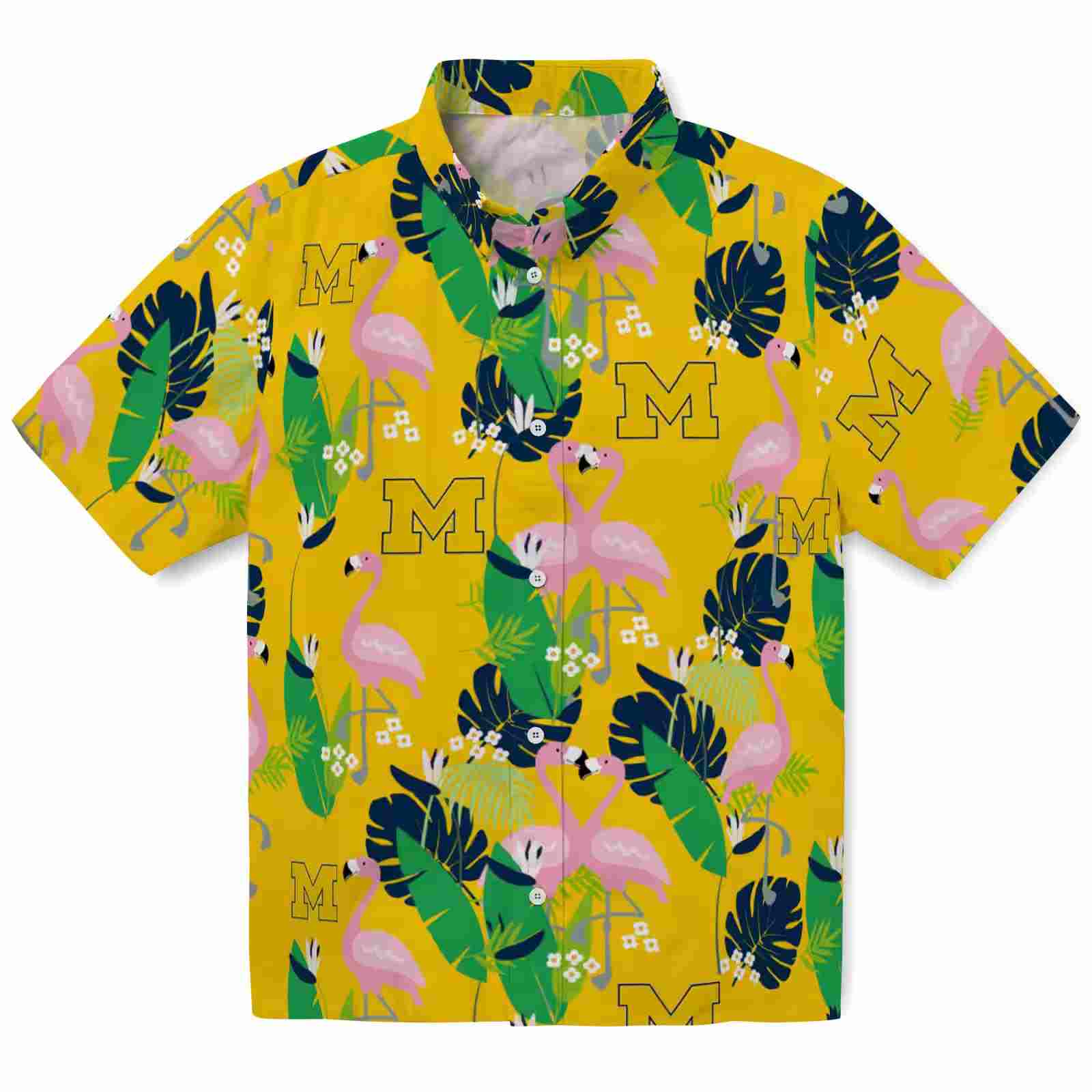 Michigan Wolverines Flamingo Foliage Blue Green Hawaiian Shirt