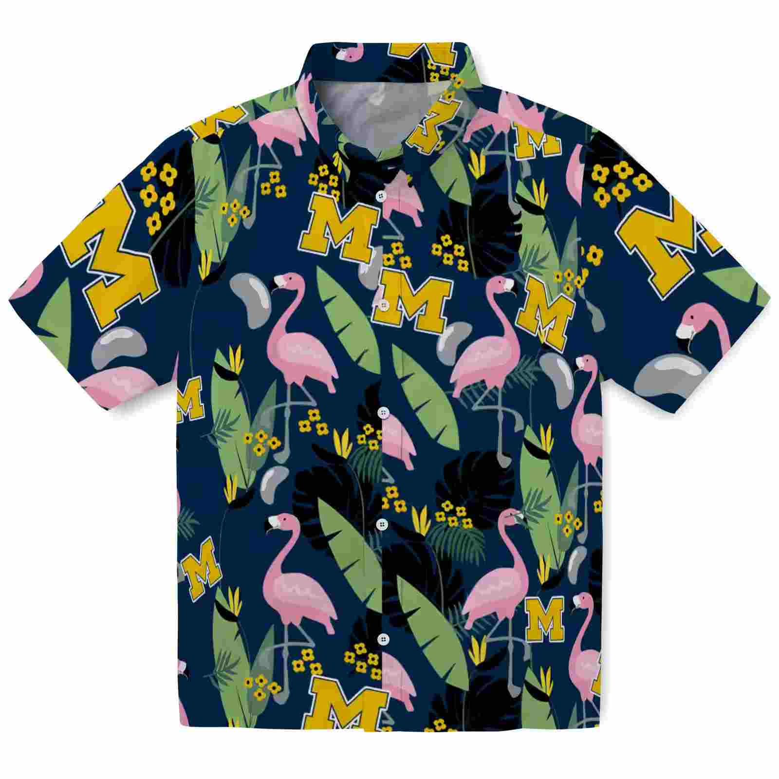 Michigan Wolverines Flamingo Leaves Blue Hawaiian Shirt