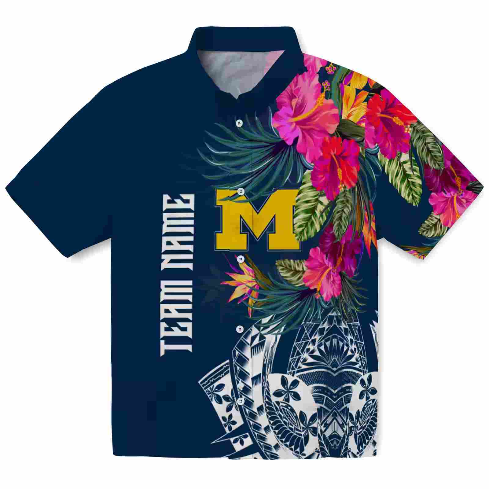 Michigan Wolverines Floral Polynesian Blue Hawaiian Shirt