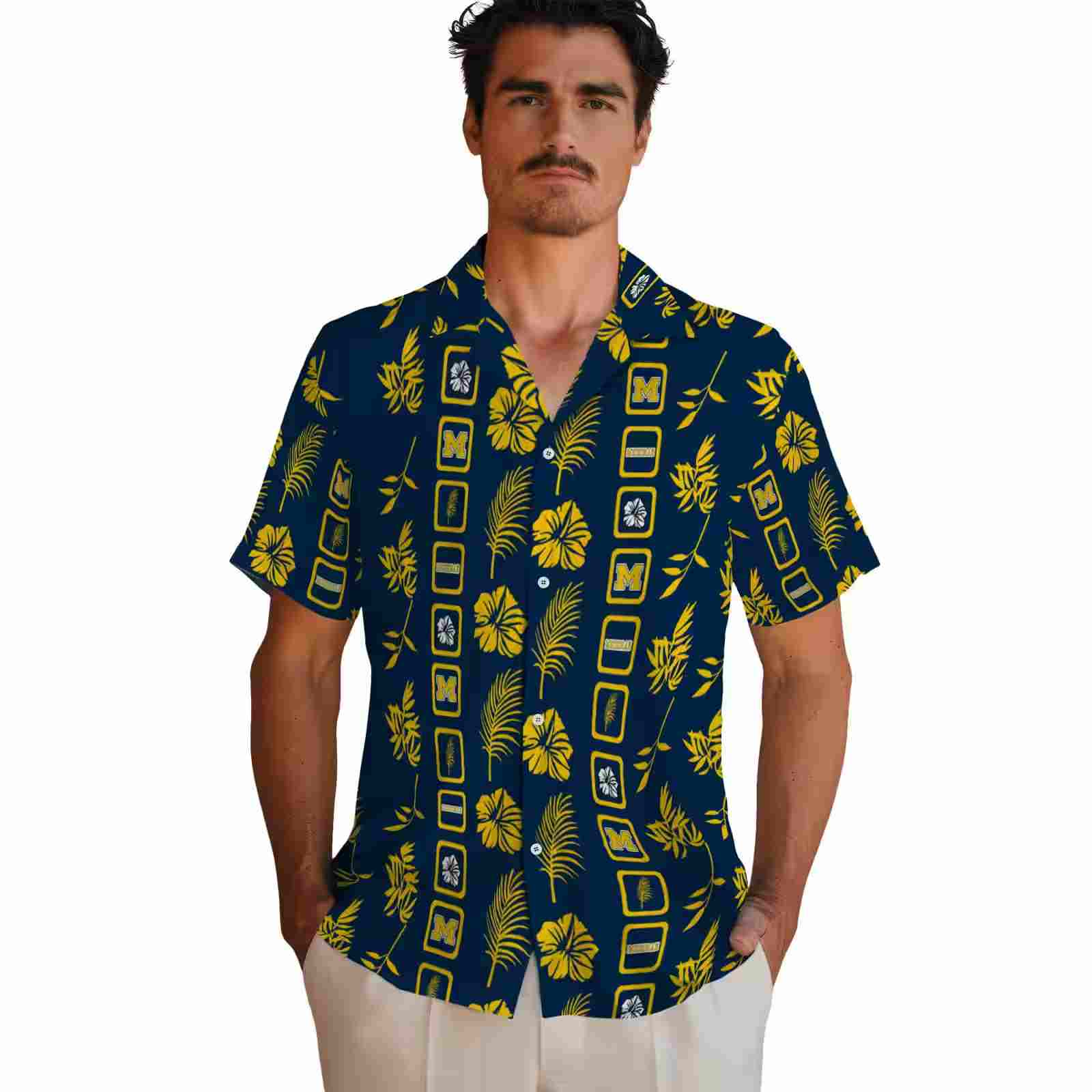 michigan wolverines framed floral blue hawaiian shirt fashion forward