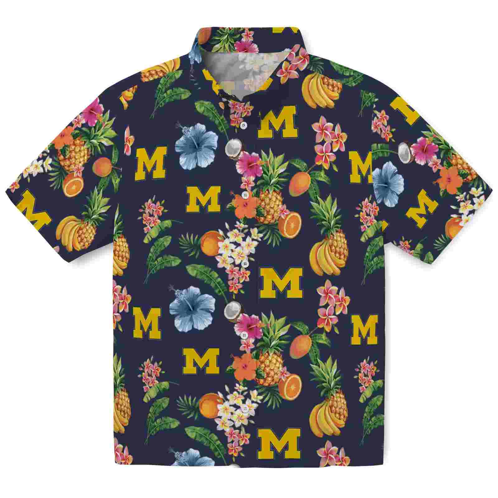 Michigan Wolverines Hibiscus And Fruit Navy Blue Hawaiian Shirt