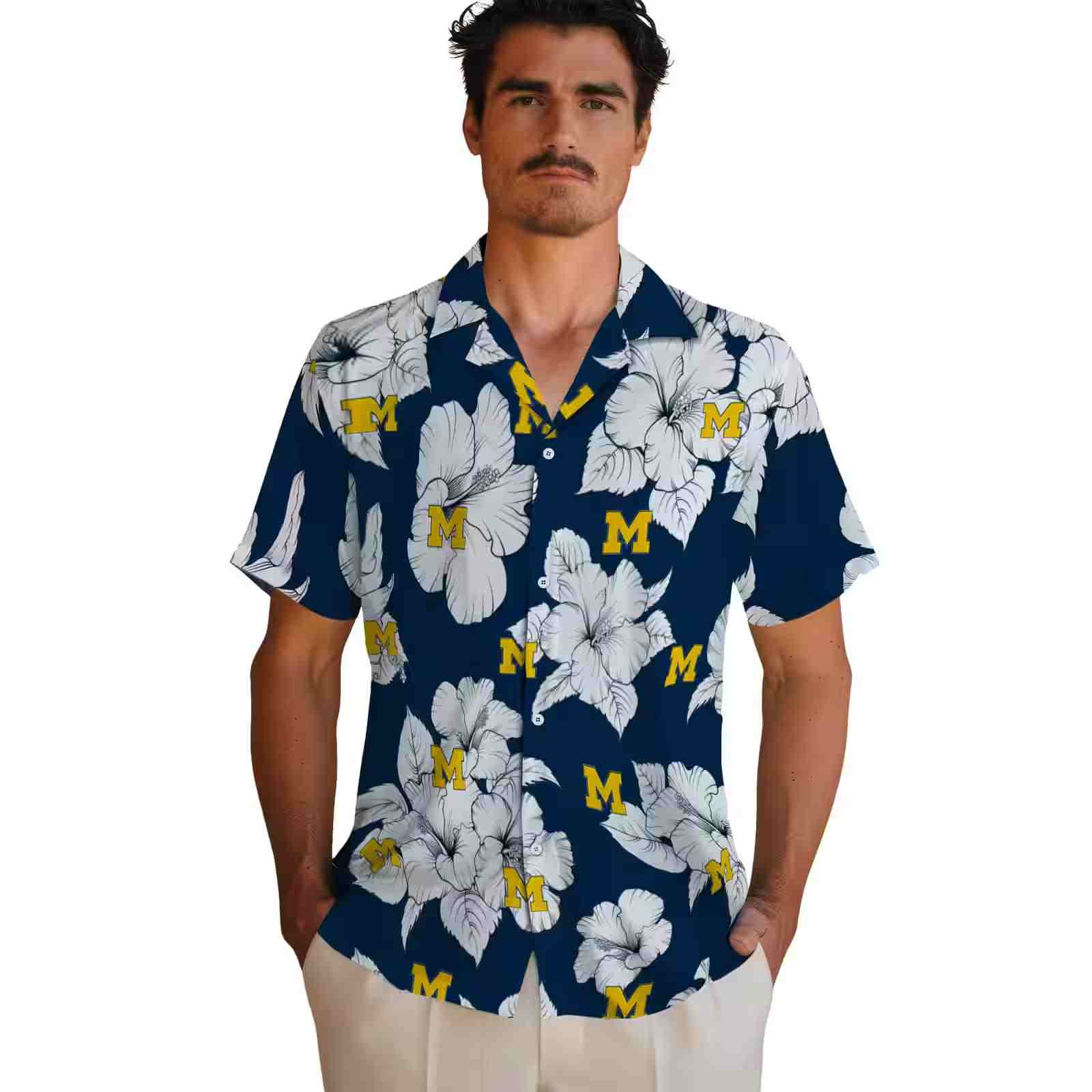 michigan wolverines hibiscus blooms blue white hawaiian shirt fashion forward