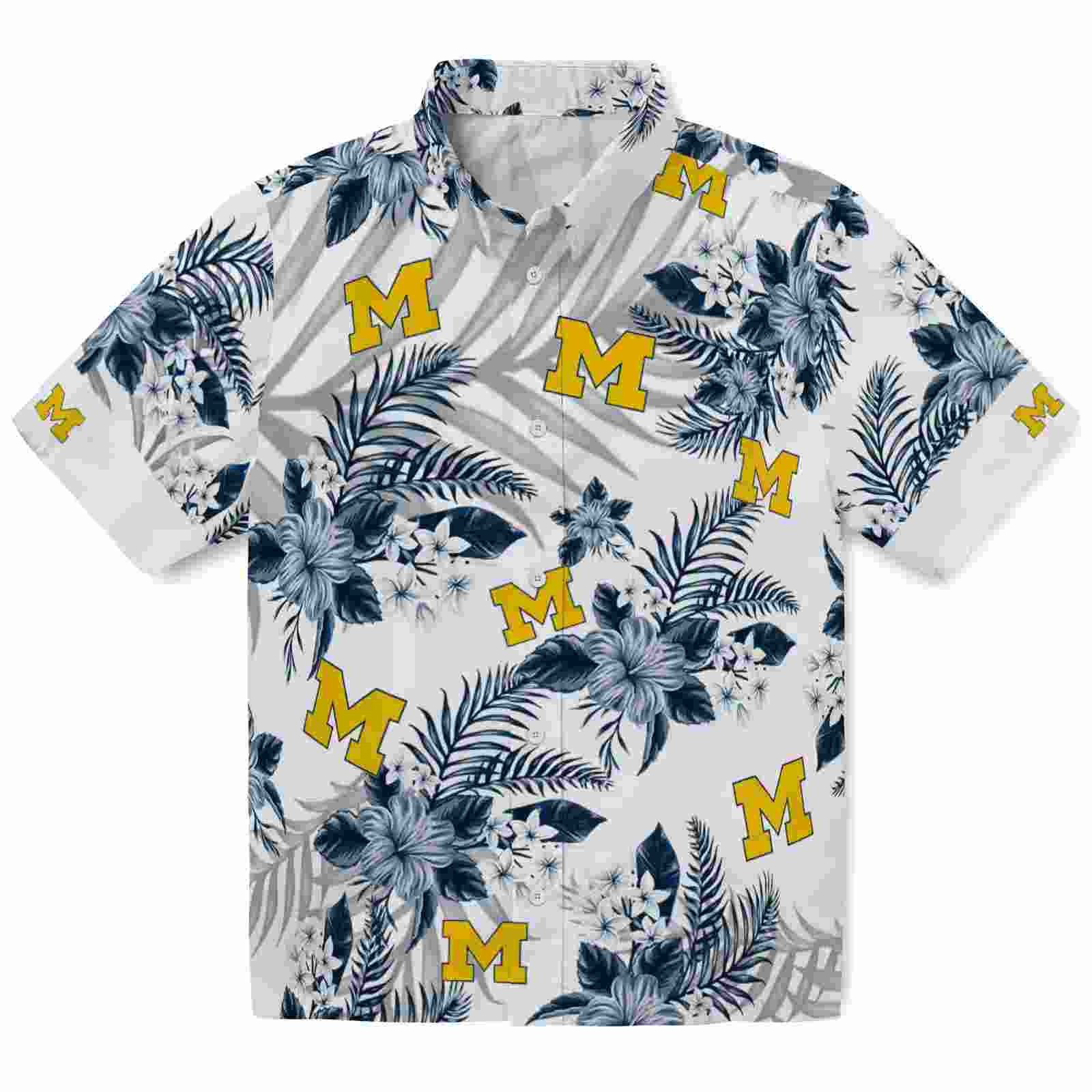 Michigan Wolverines Hibiscus Palm Leaves Blue White Hawaiian Shirt