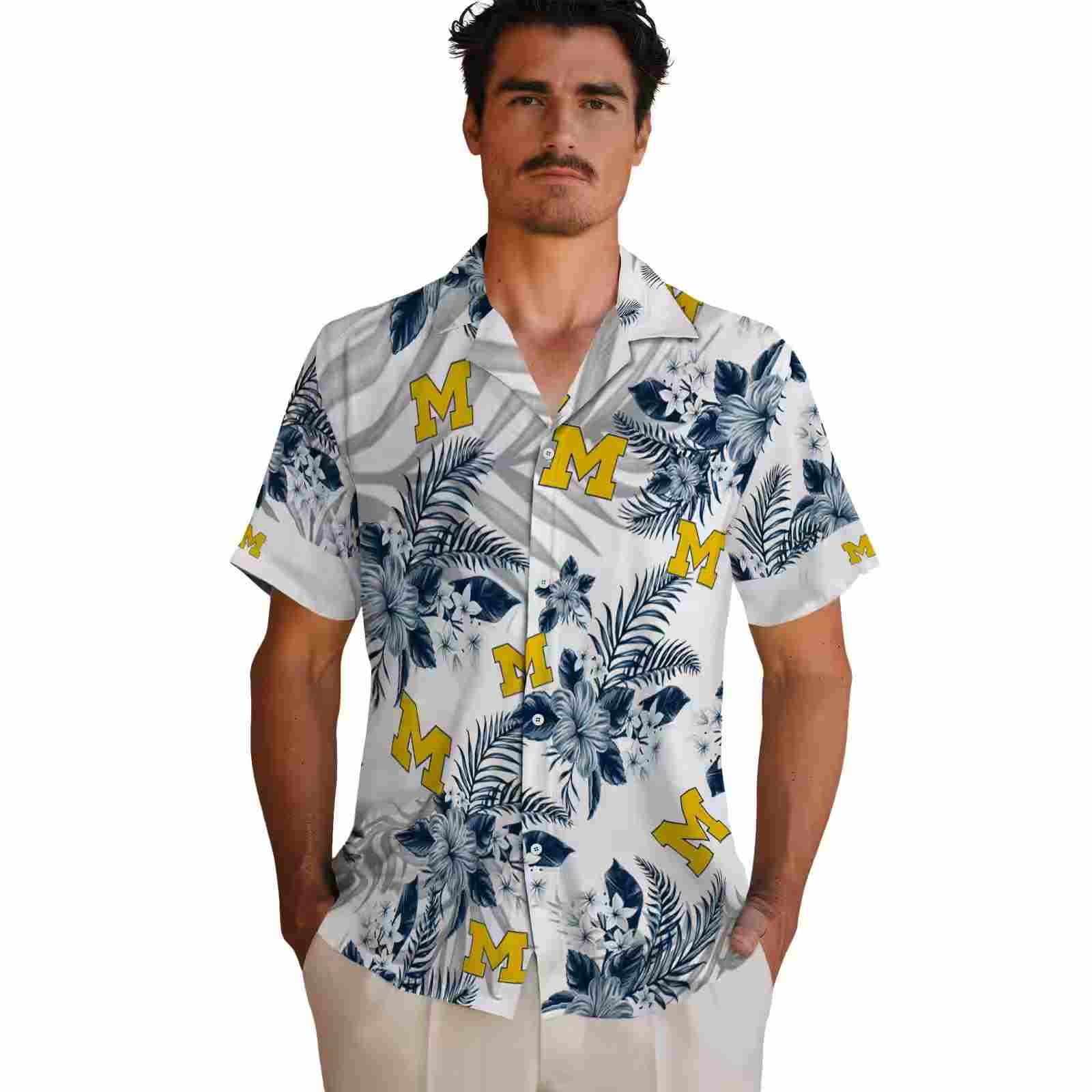 michigan wolverines hibiscus palm leaves blue white hawaiian shirt fashion forward