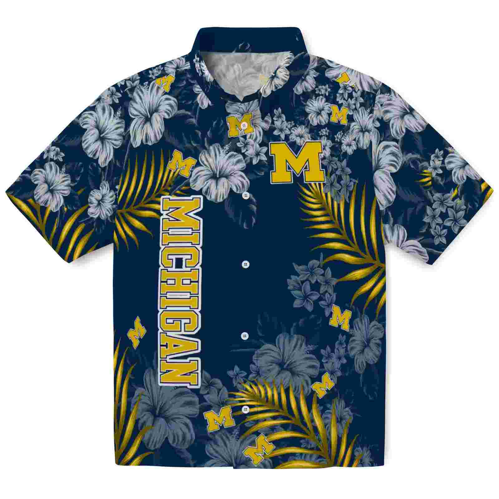 Michigan Wolverines Hibiscus Print Blue Hawaiian Shirt