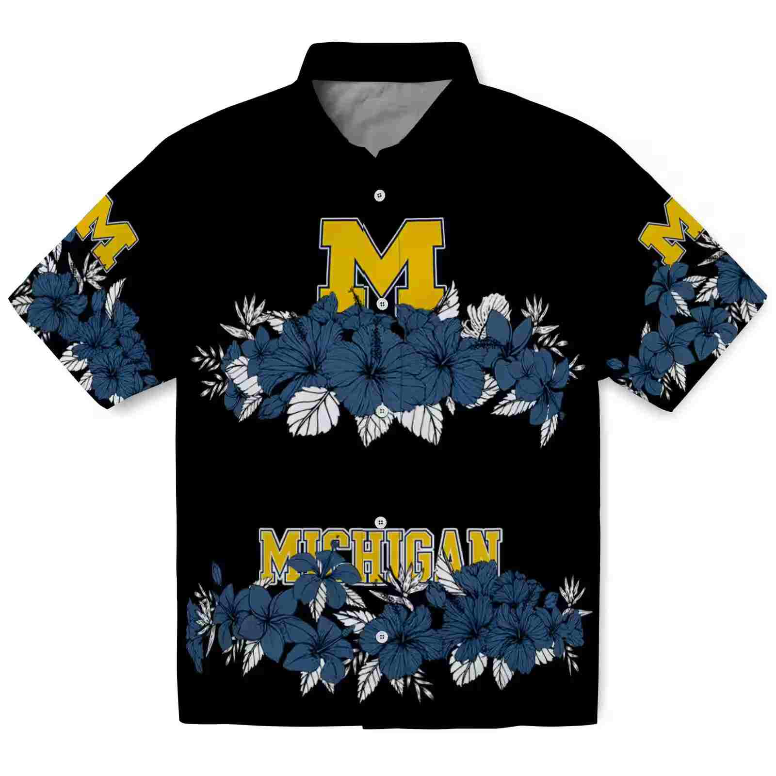 Michigan Wolverines Hibiscus Stripe Blue Black Hawaiian Shirt