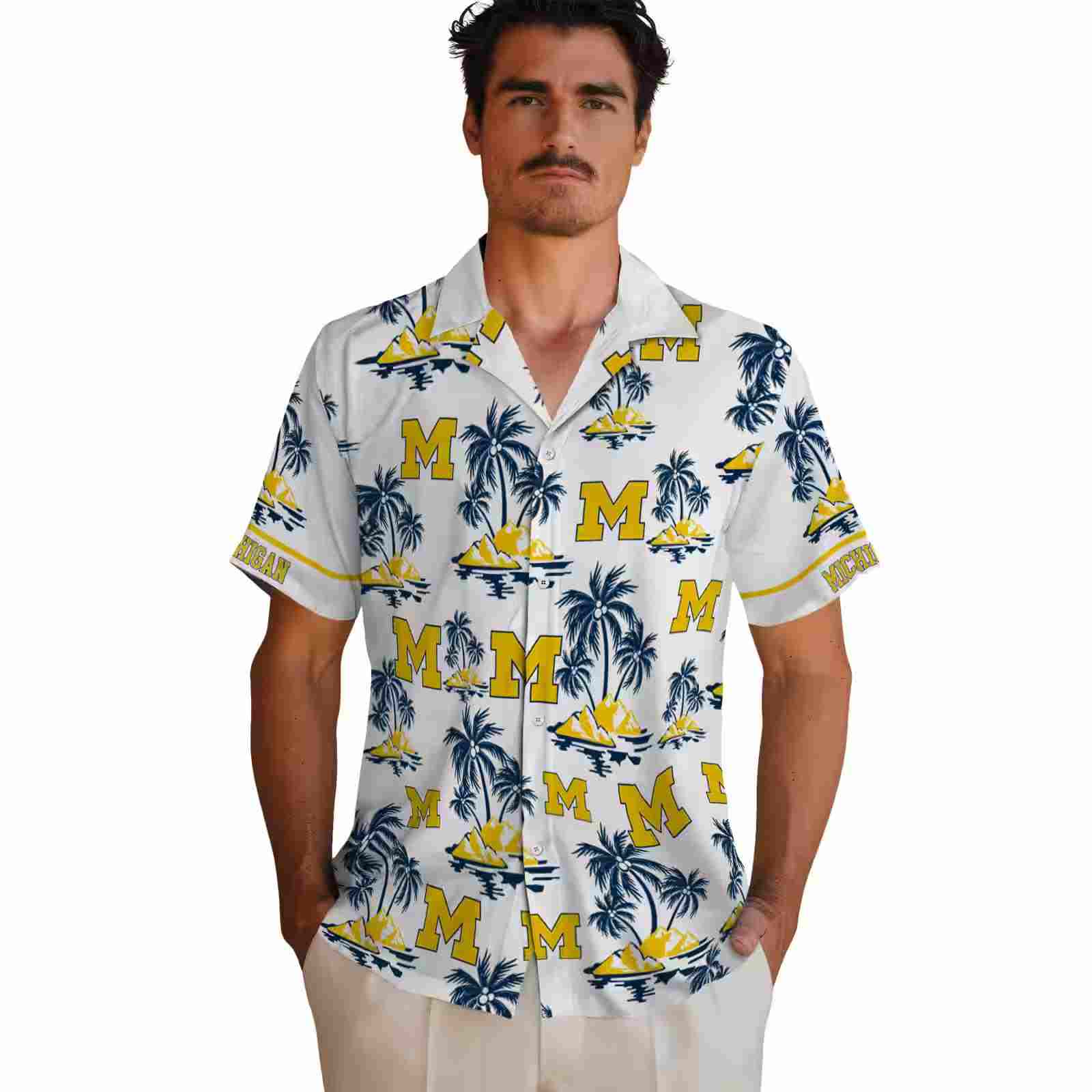 michigan wolverines palm island print blue white hawaiian shirt fashion forward