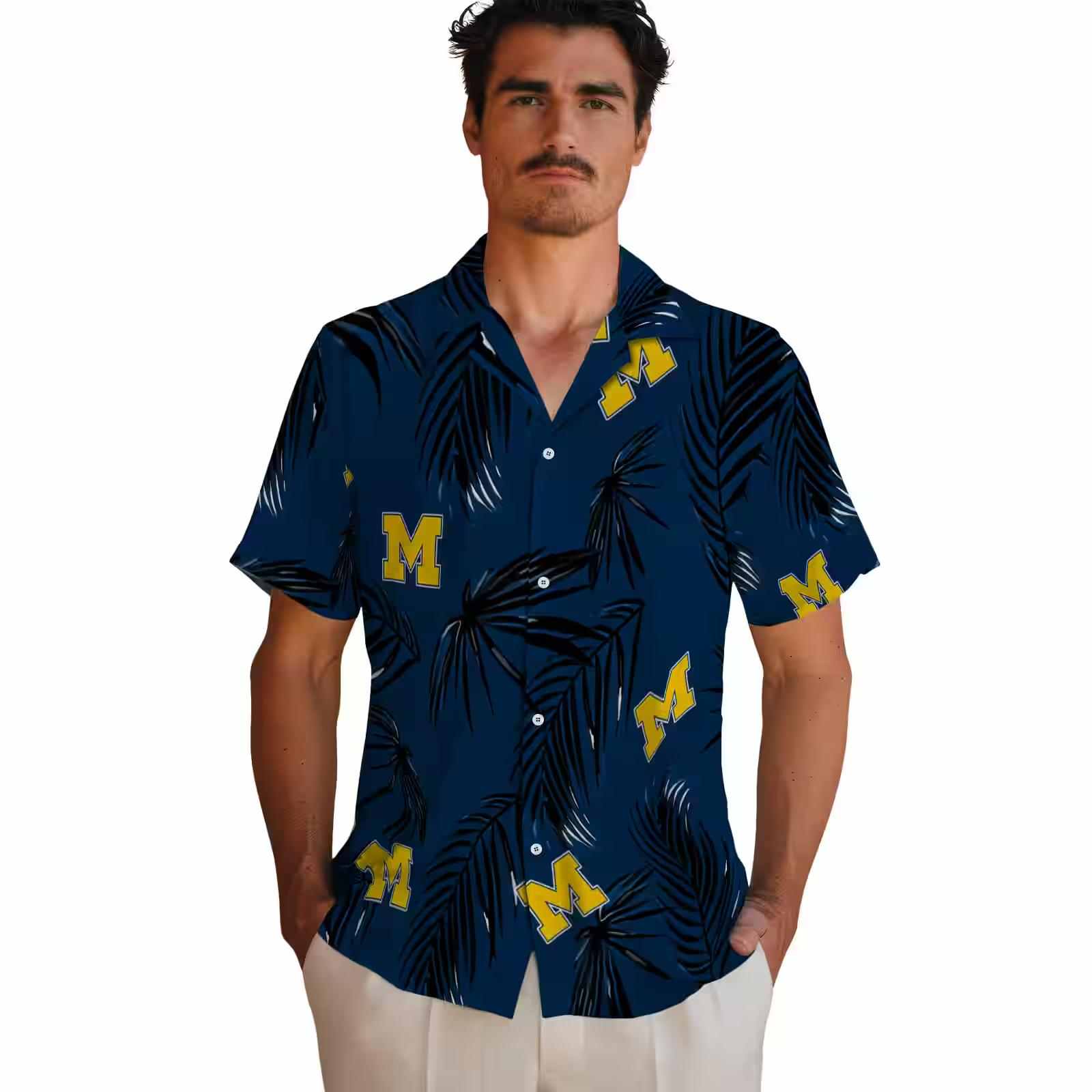 michigan wolverines palm leaf blue hawaiian shirt fashion forward