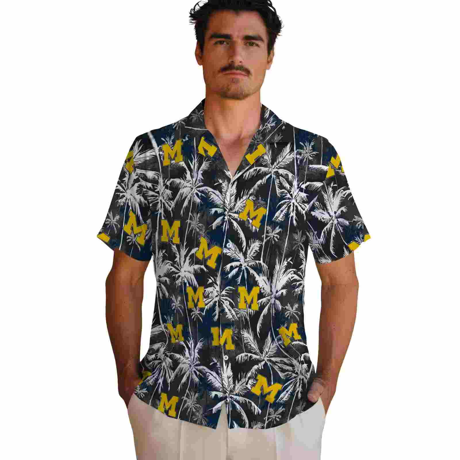 michigan wolverines palm pattern blue black hawaiian shirt fashion forward