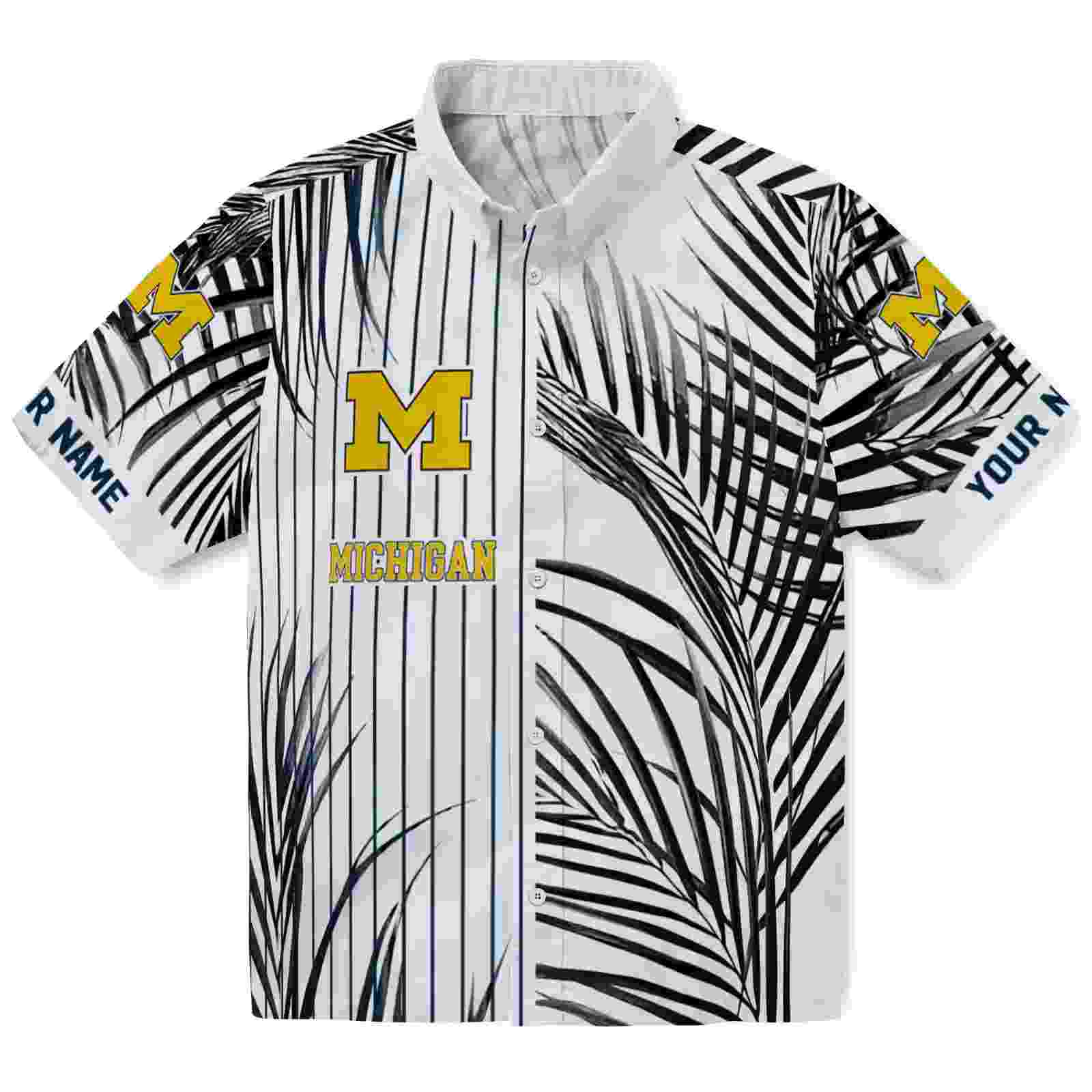 Michigan Wolverines Palm Stripes Blue Black White Hawaiian Shirt