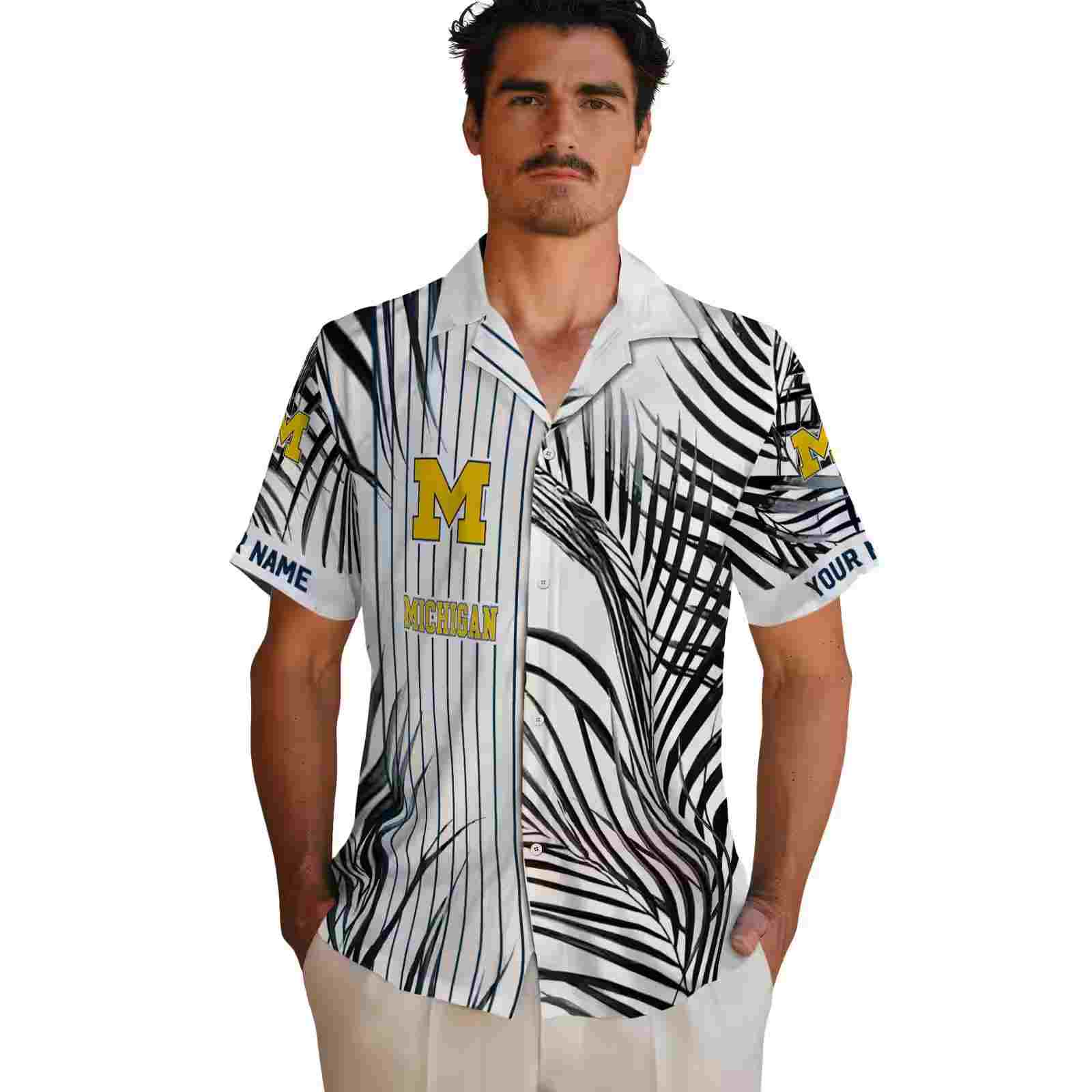 michigan wolverines palm stripes blue black white hawaiian shirt fashion forward