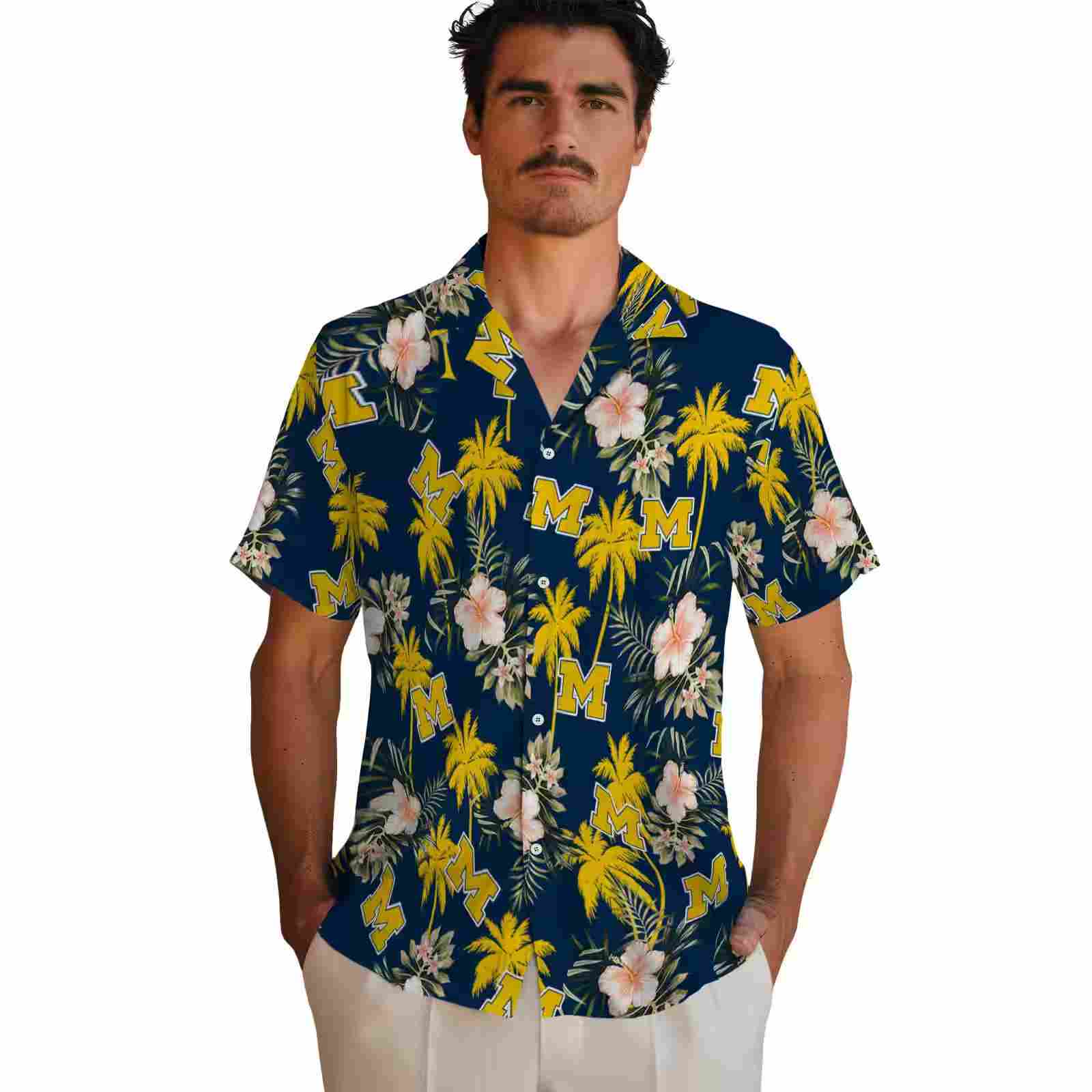 michigan wolverines palm tree flower blue hawaiian shirt fashion forward