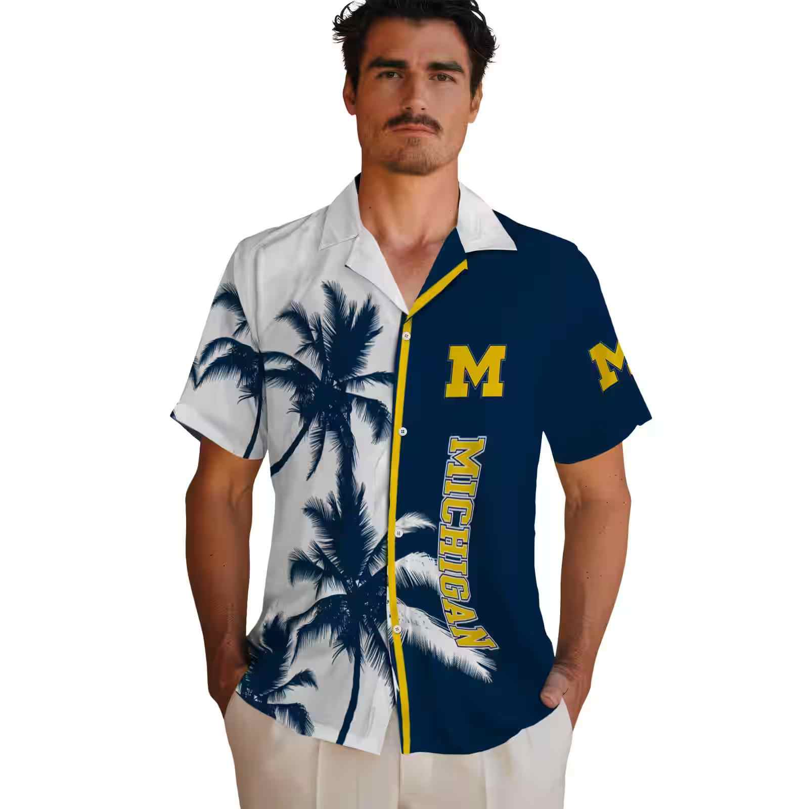 michigan wolverines palm trees blue white hawaiian shirt fashion forward