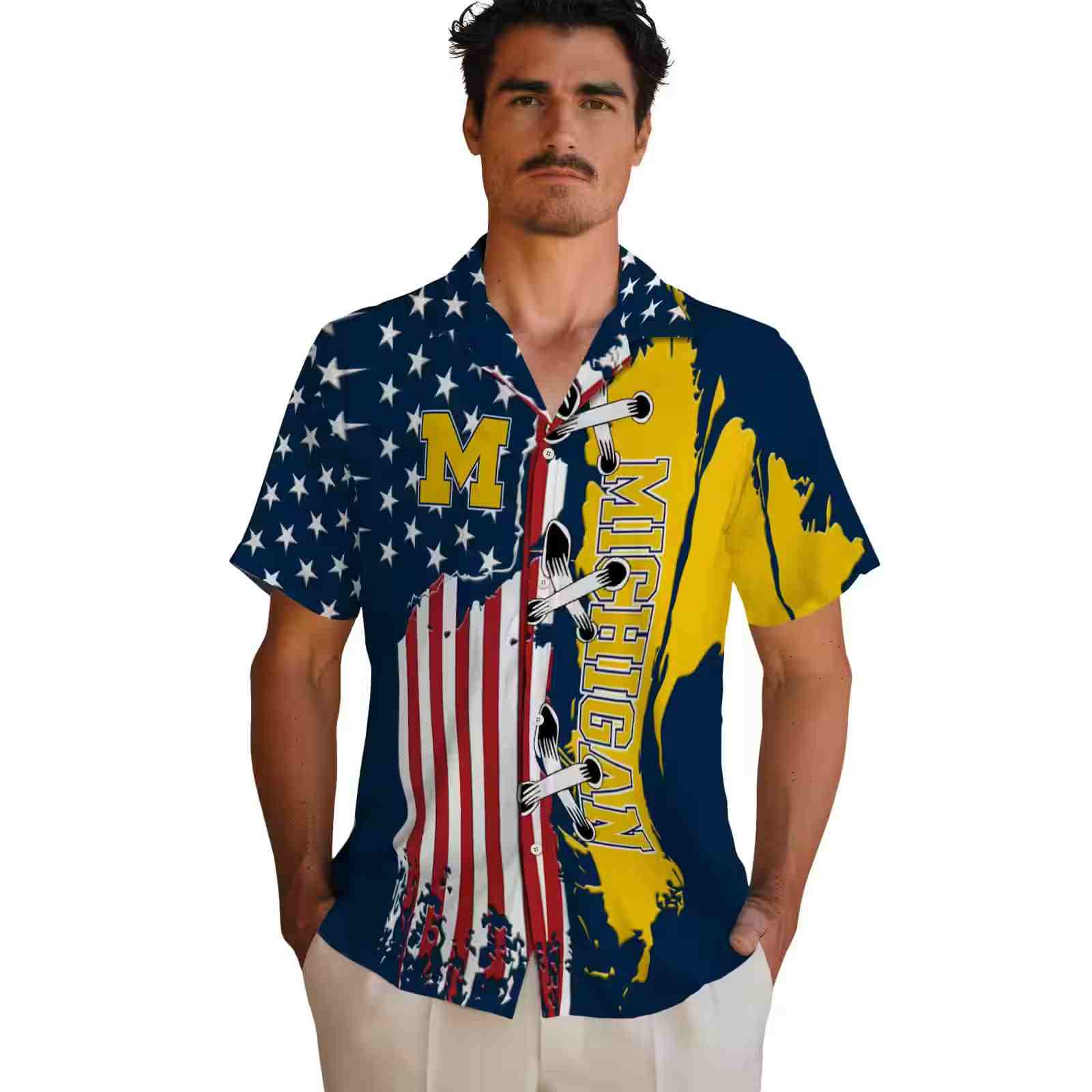 michigan wolverines stitched flag blue hawaiian shirt fashion forward