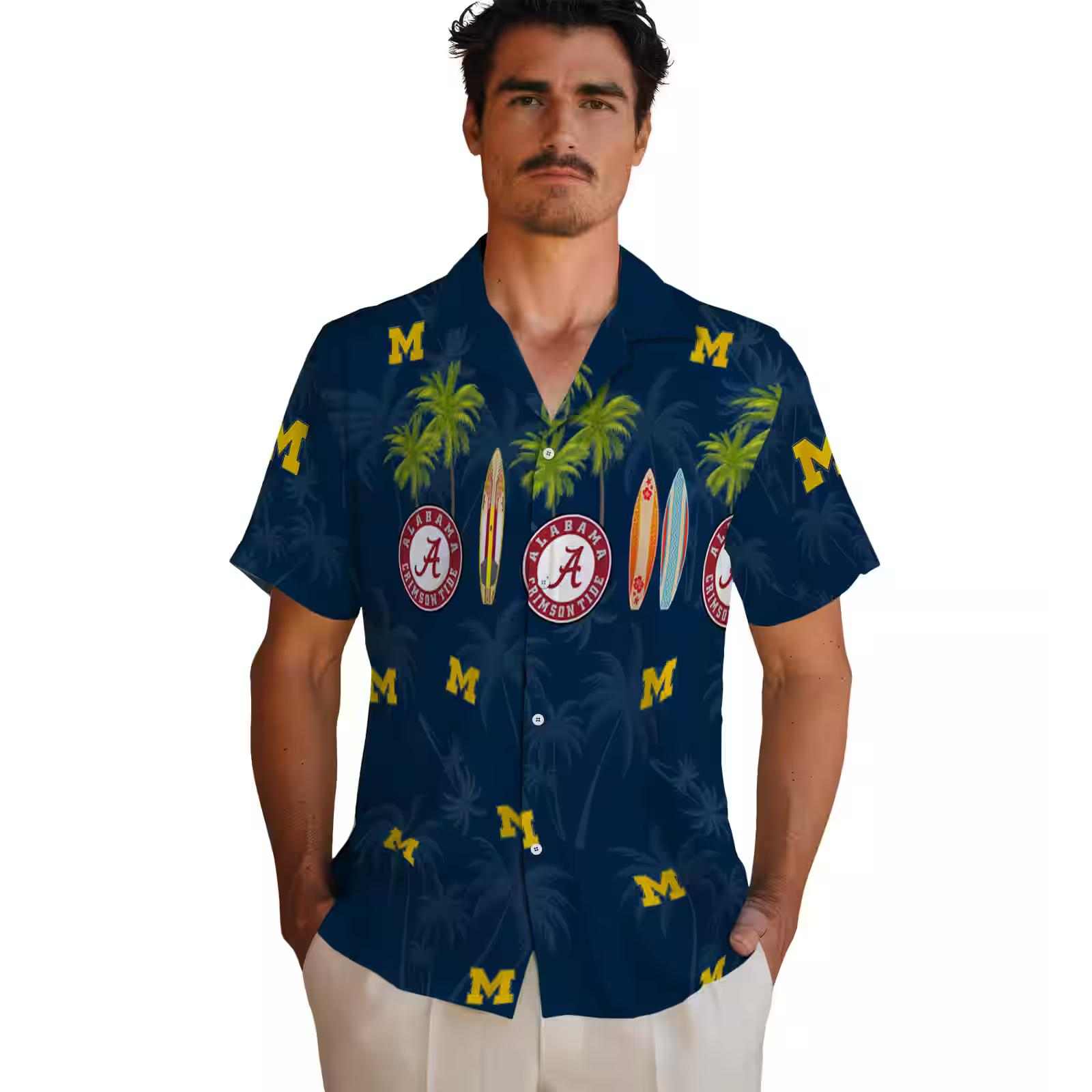 michigan wolverines surfboard palm blue hawaiian shirt fashion forward