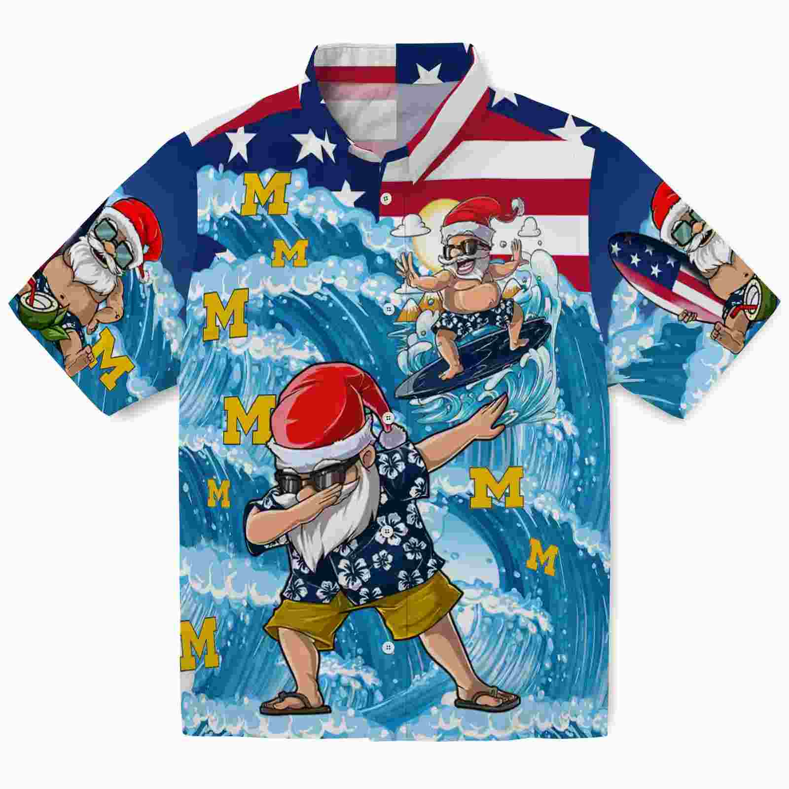 Michigan Wolverines Surfing Santa Blue Hawaiian Shirt