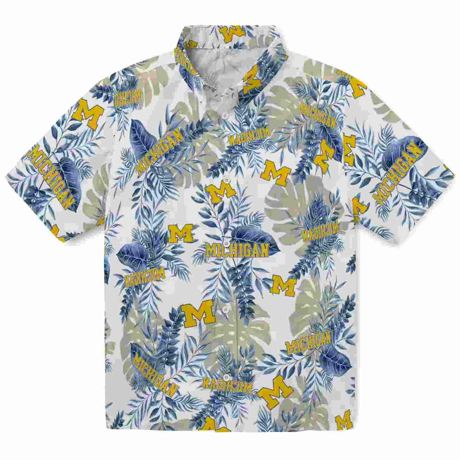 Michigan Wolverines Tropical Leaves Blue White Hawaiian Shirt