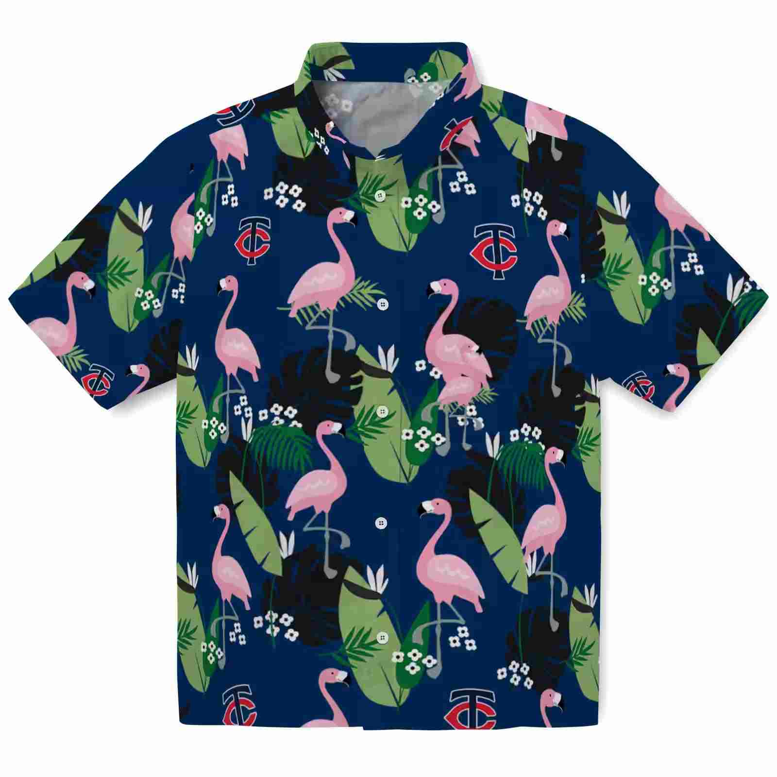 Minnesota Twins Flamingo Leaf Motif Navy Hawaiian Shirt