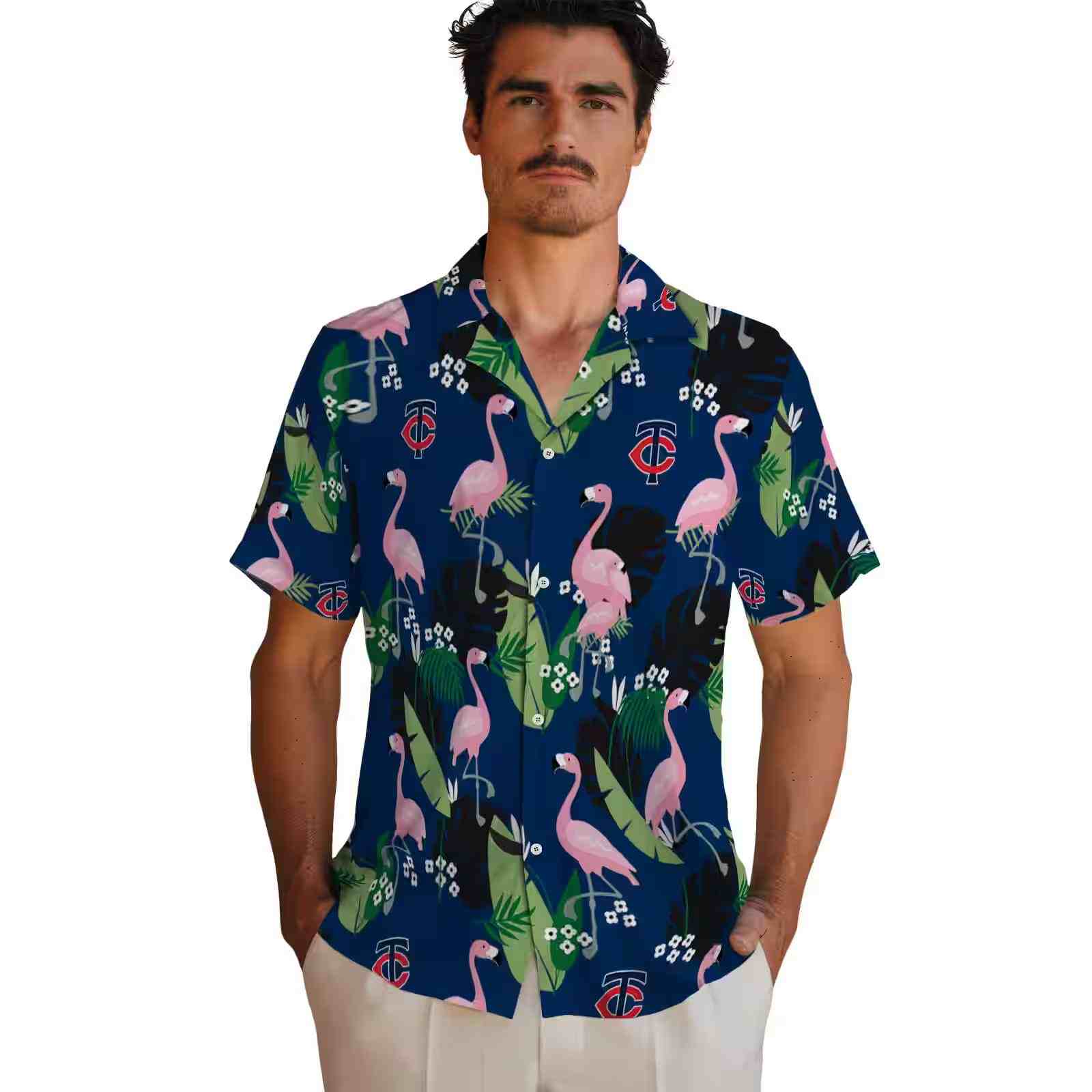 minnesota twins flamingo leaf motif navy hawaiian shirt fashion forward