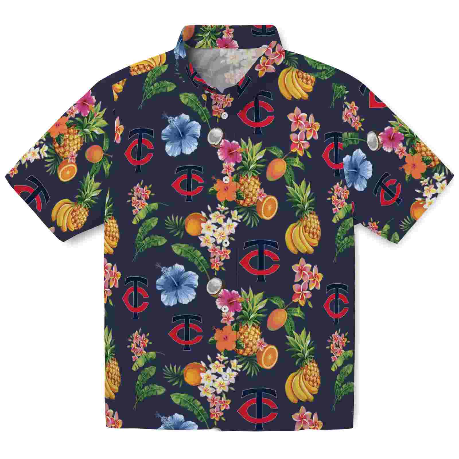 Minnesota Twins Hibiscus And Fruit Navy Blue Hawaiian Shirt