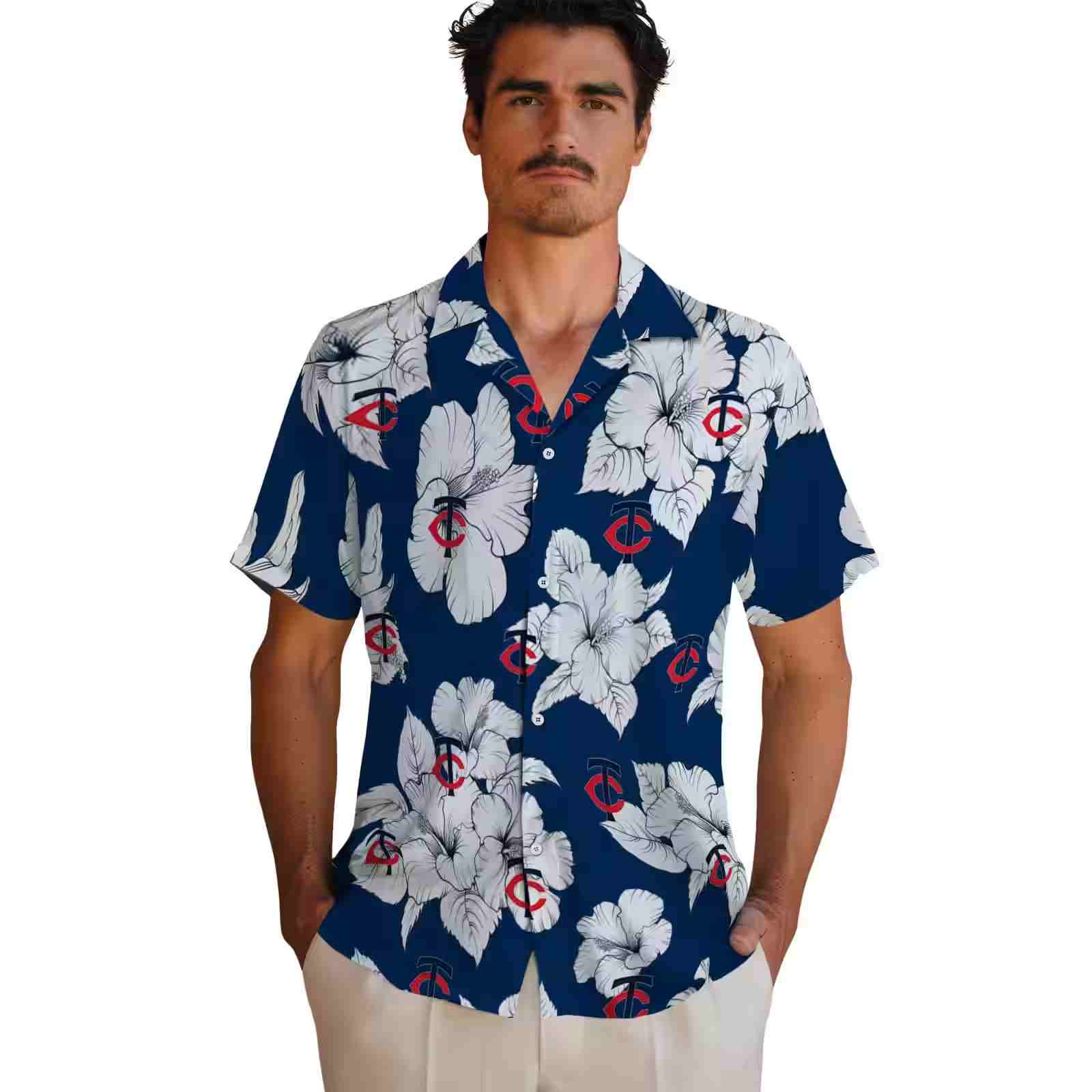 minnesota twins hibiscus blooms navy white hawaiian shirt fashion forward