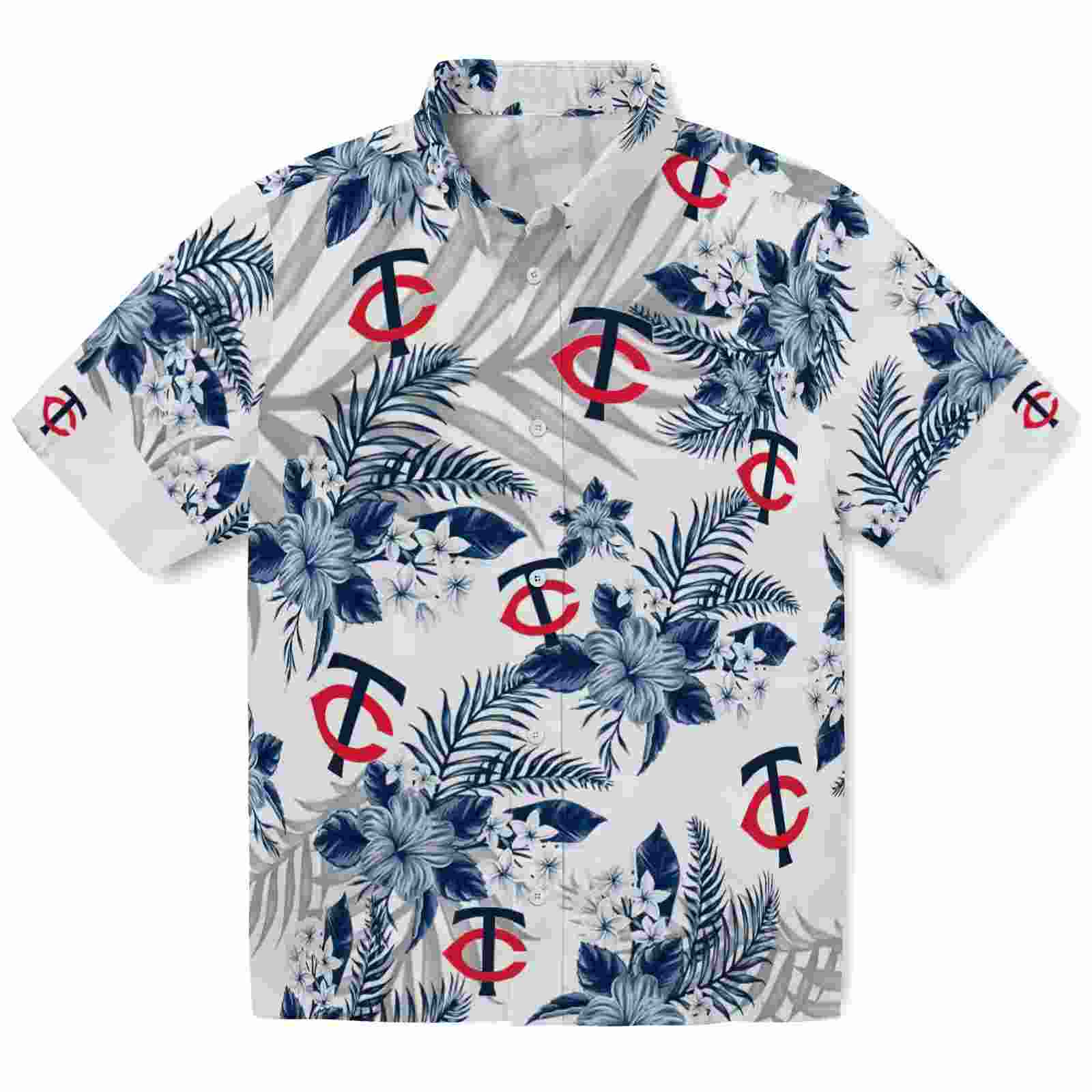 Minnesota Twins Hibiscus Palm Leaves Navy White Hawaiian Shirt