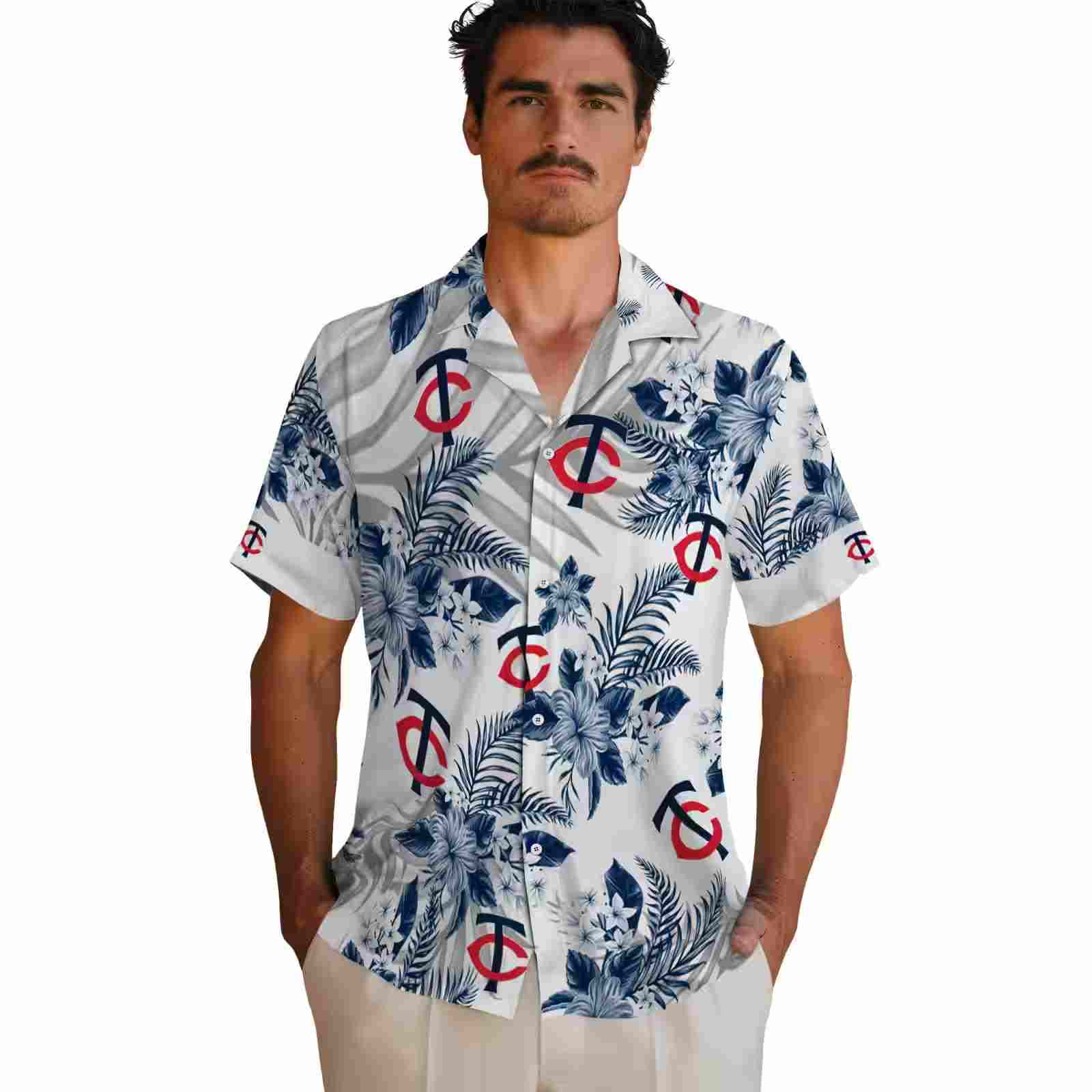 minnesota twins hibiscus palm leaves navy white hawaiian shirt fashion forward