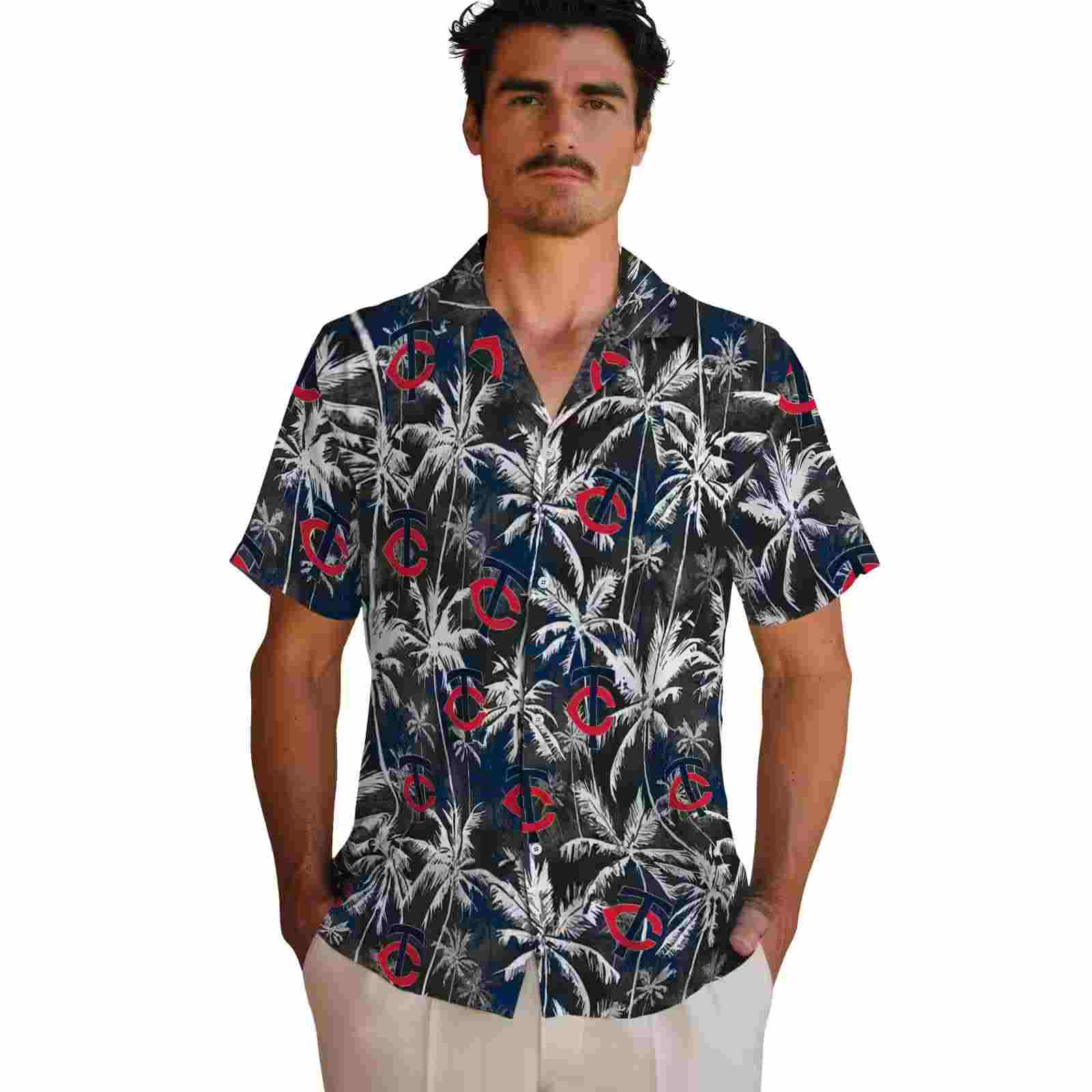 minnesota twins palm pattern navy black hawaiian shirt fashion forward