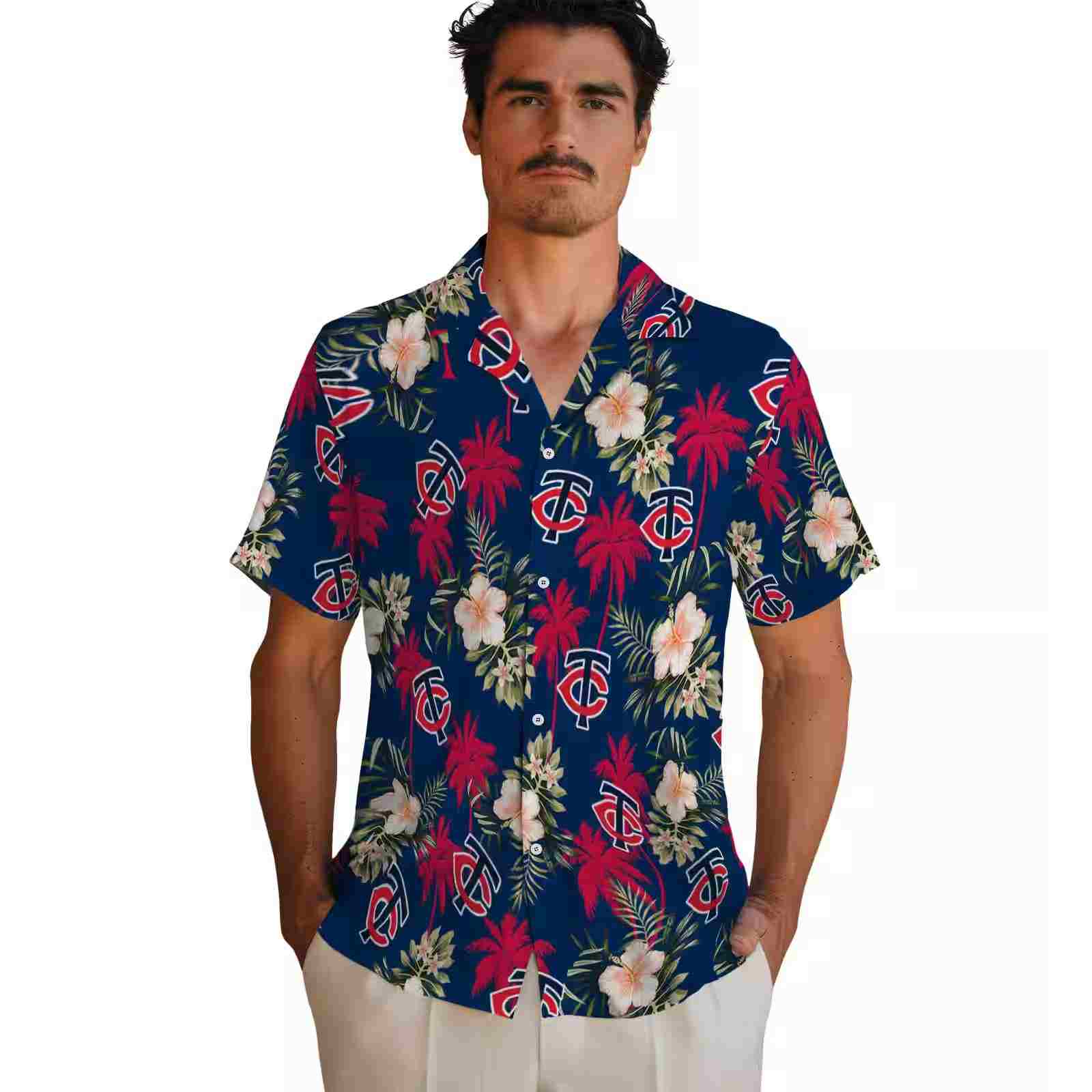 minnesota twins palm tree flower navy hawaiian shirt fashion forward