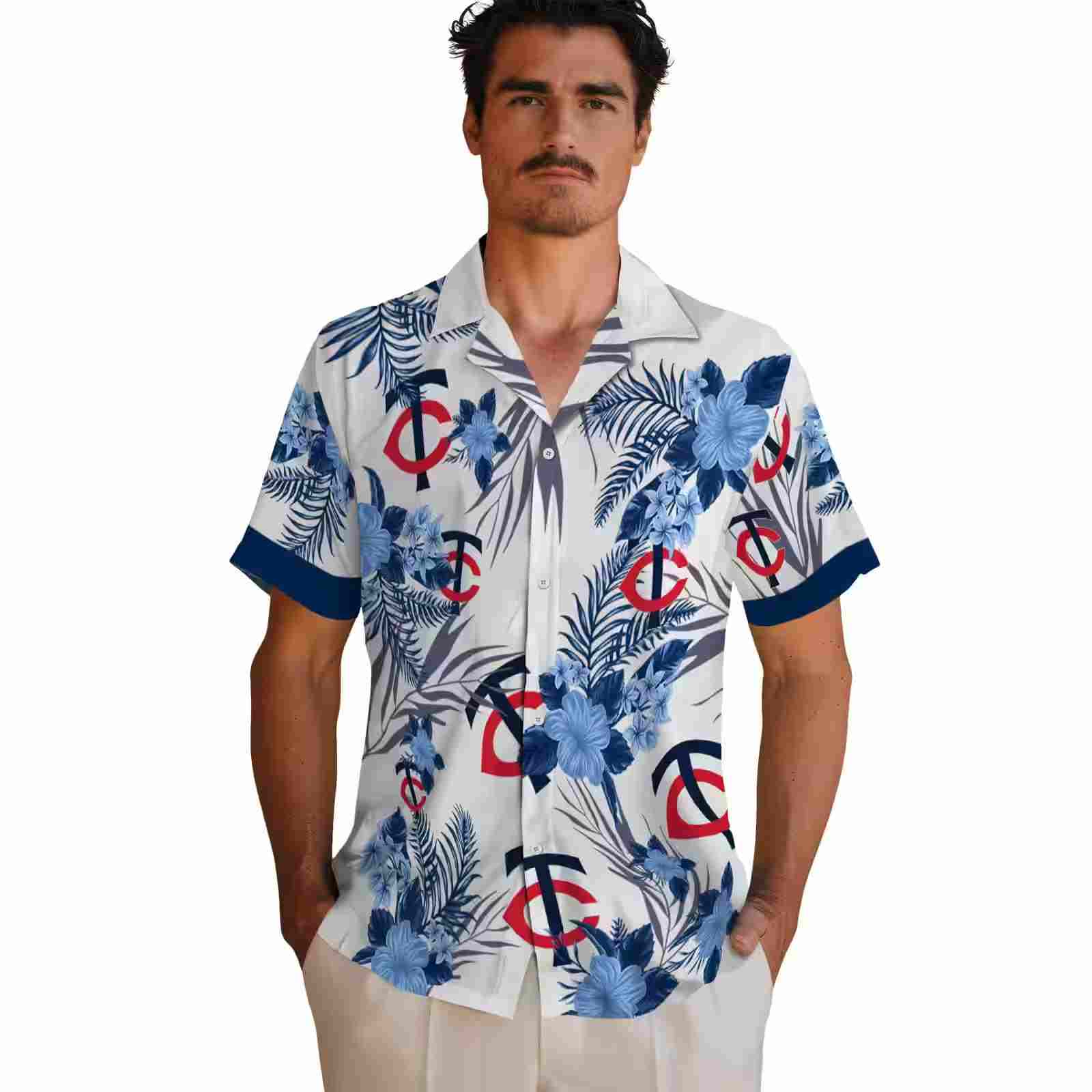 minnesota twins patriotic hibiscus design navy white hawaiian shirt fashion forward